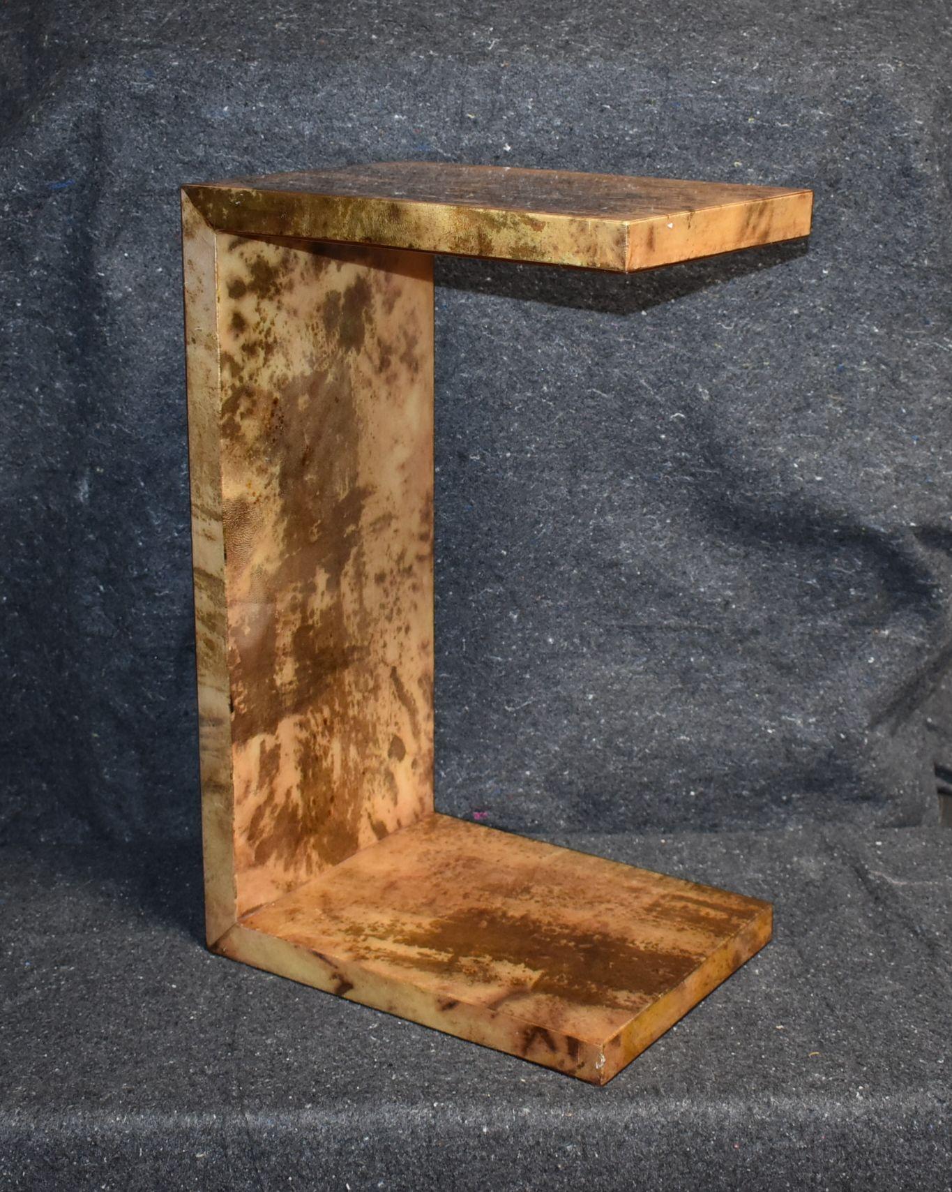 Drink side table cover with goatskin and resin finish.
Parchment is in varying shades of light and brown, beige, dark natural. (High gloss polyester resin filled finish).