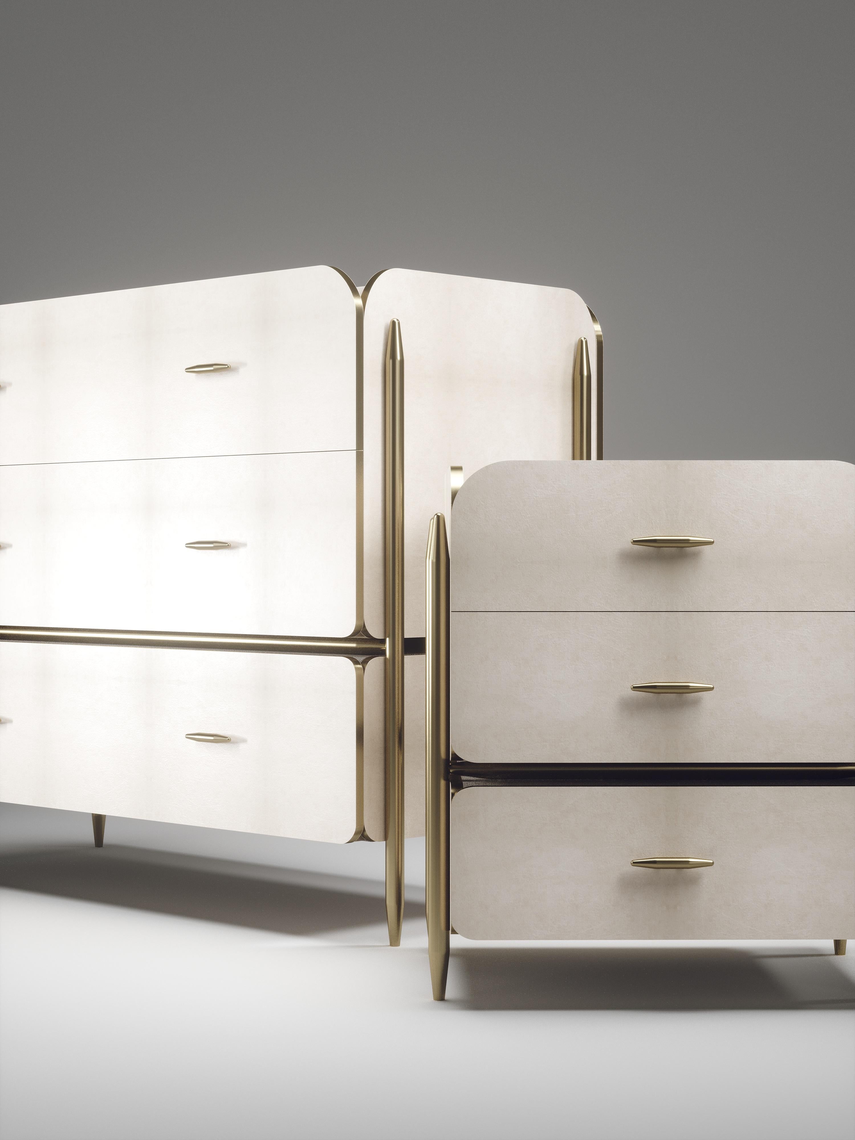 Contemporary Parchment Chest of Drawers with Brass Accents by Kifu Paris For Sale