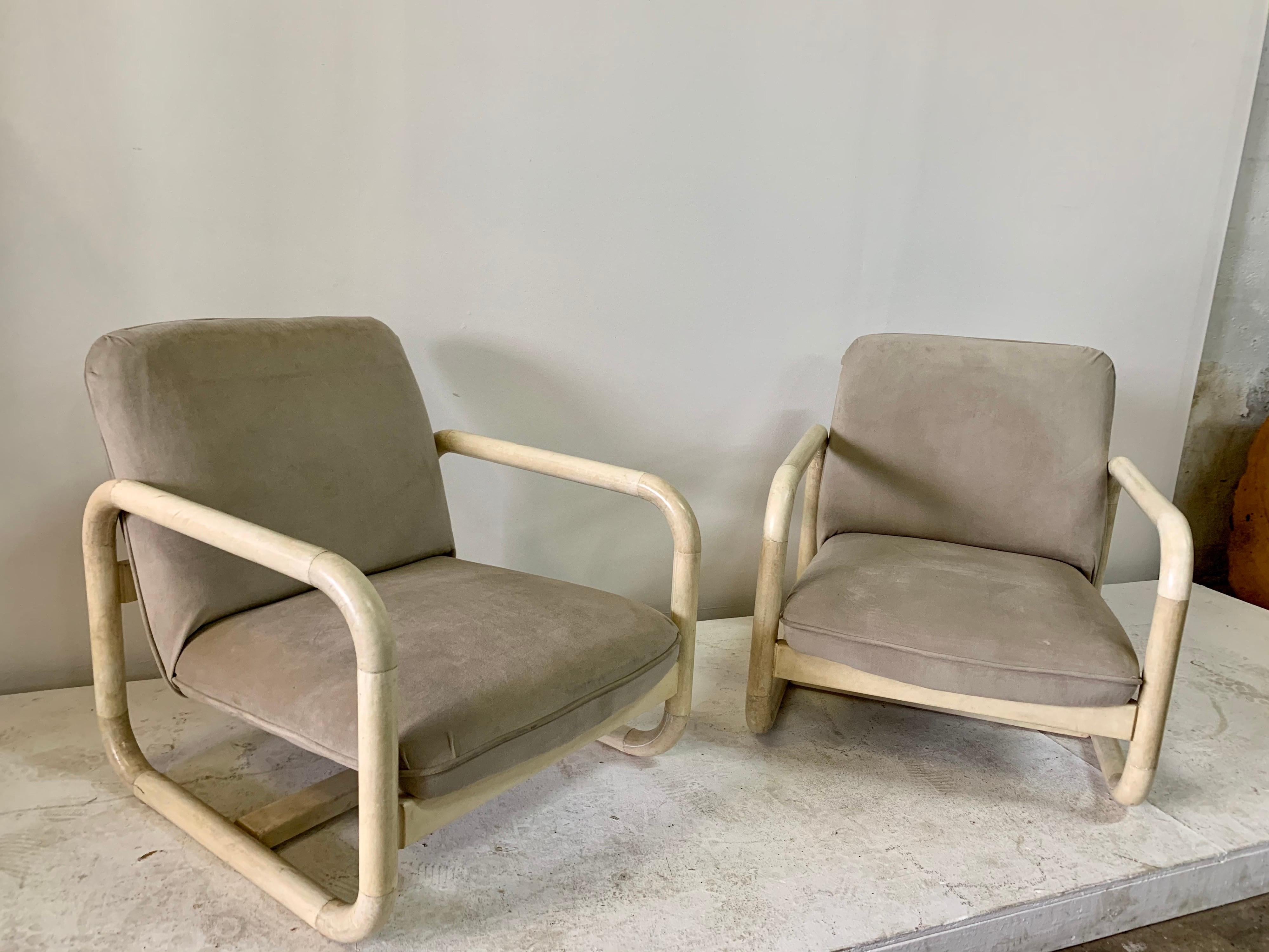 Parchment Clad Low Lounge Chairs, Pair 3