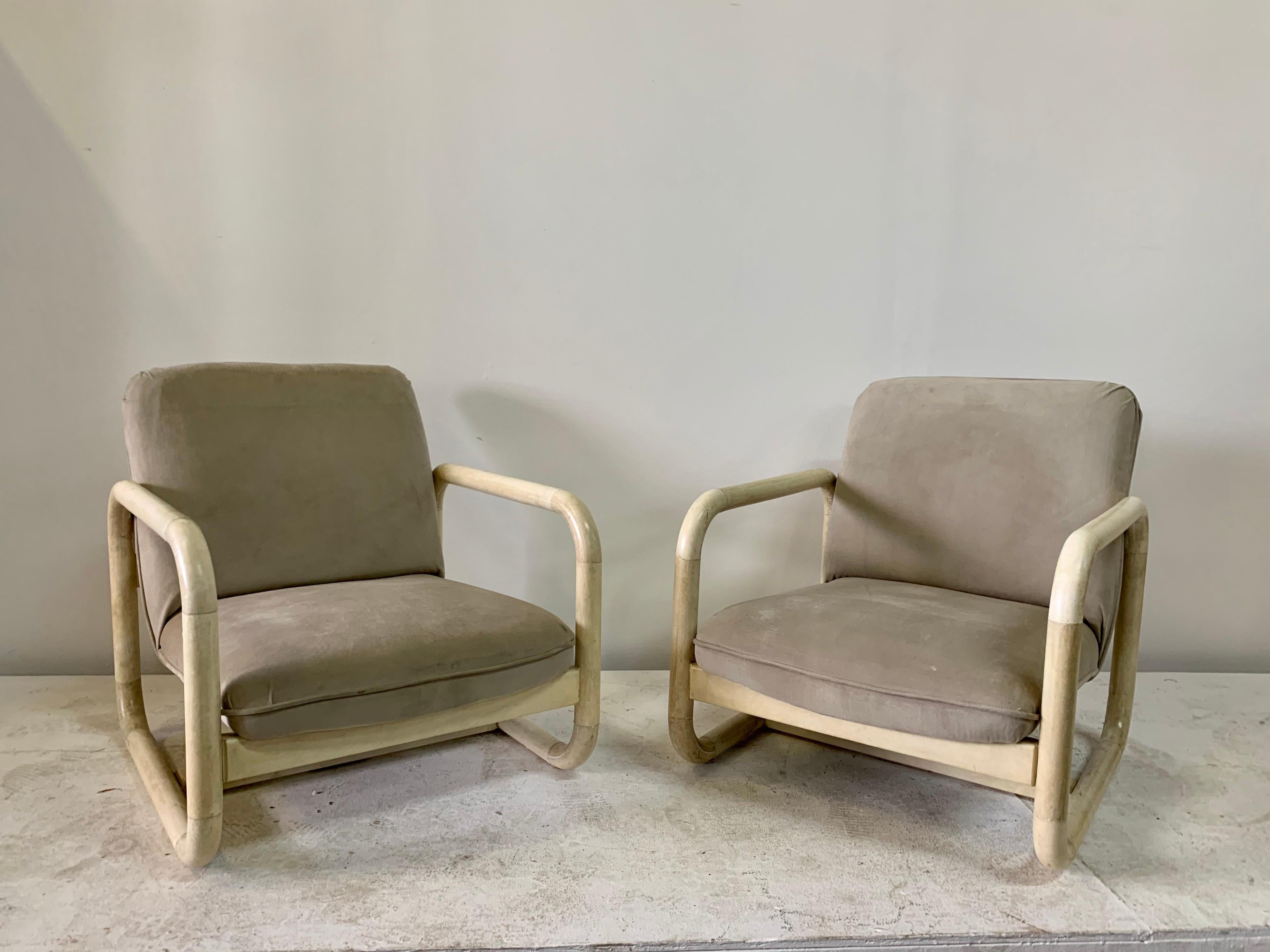 American Parchment Clad Low Lounge Chairs, Pair