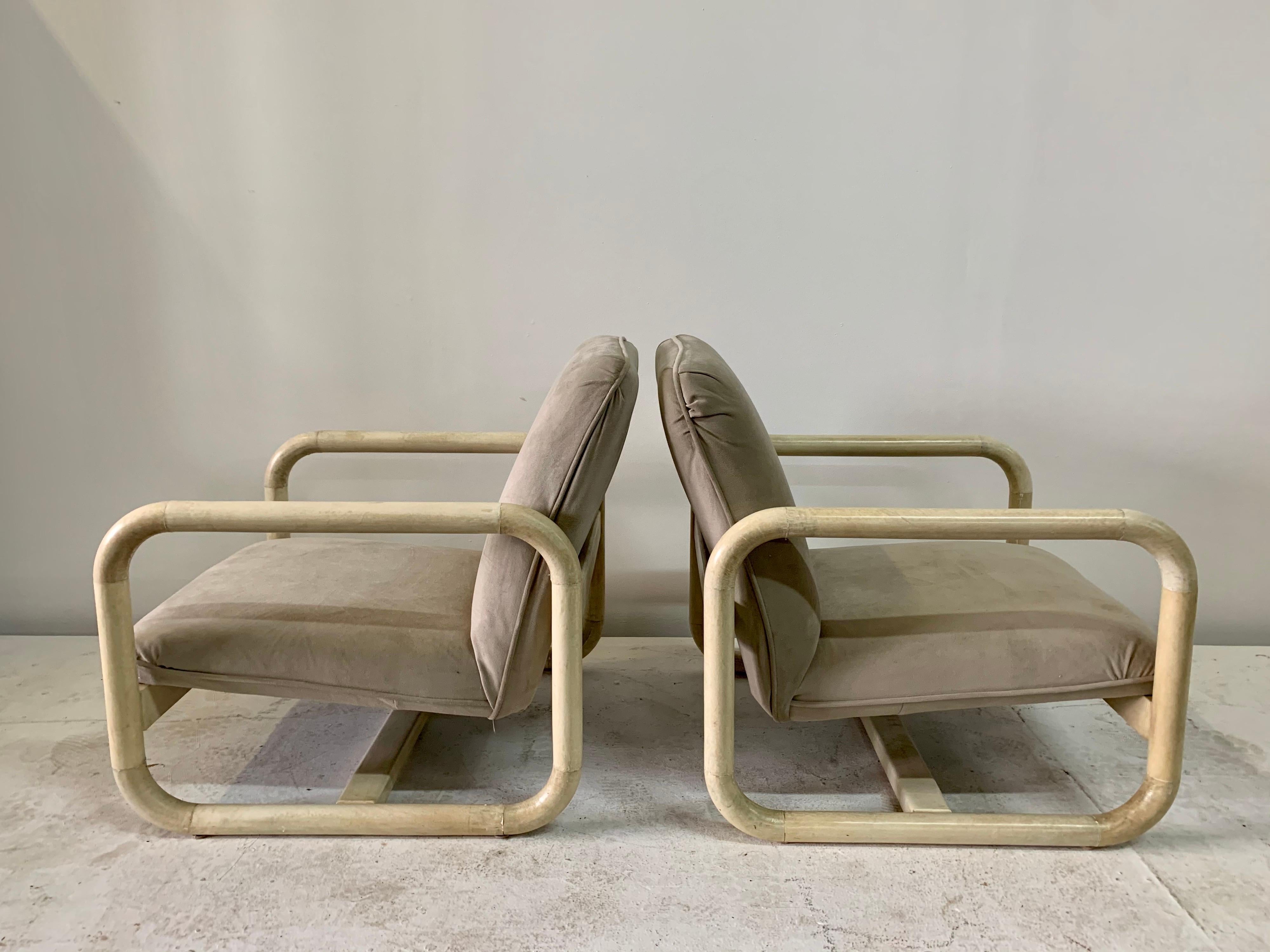 Parchment Clad Low Lounge Chairs, Pair In Good Condition In East Hampton, NY