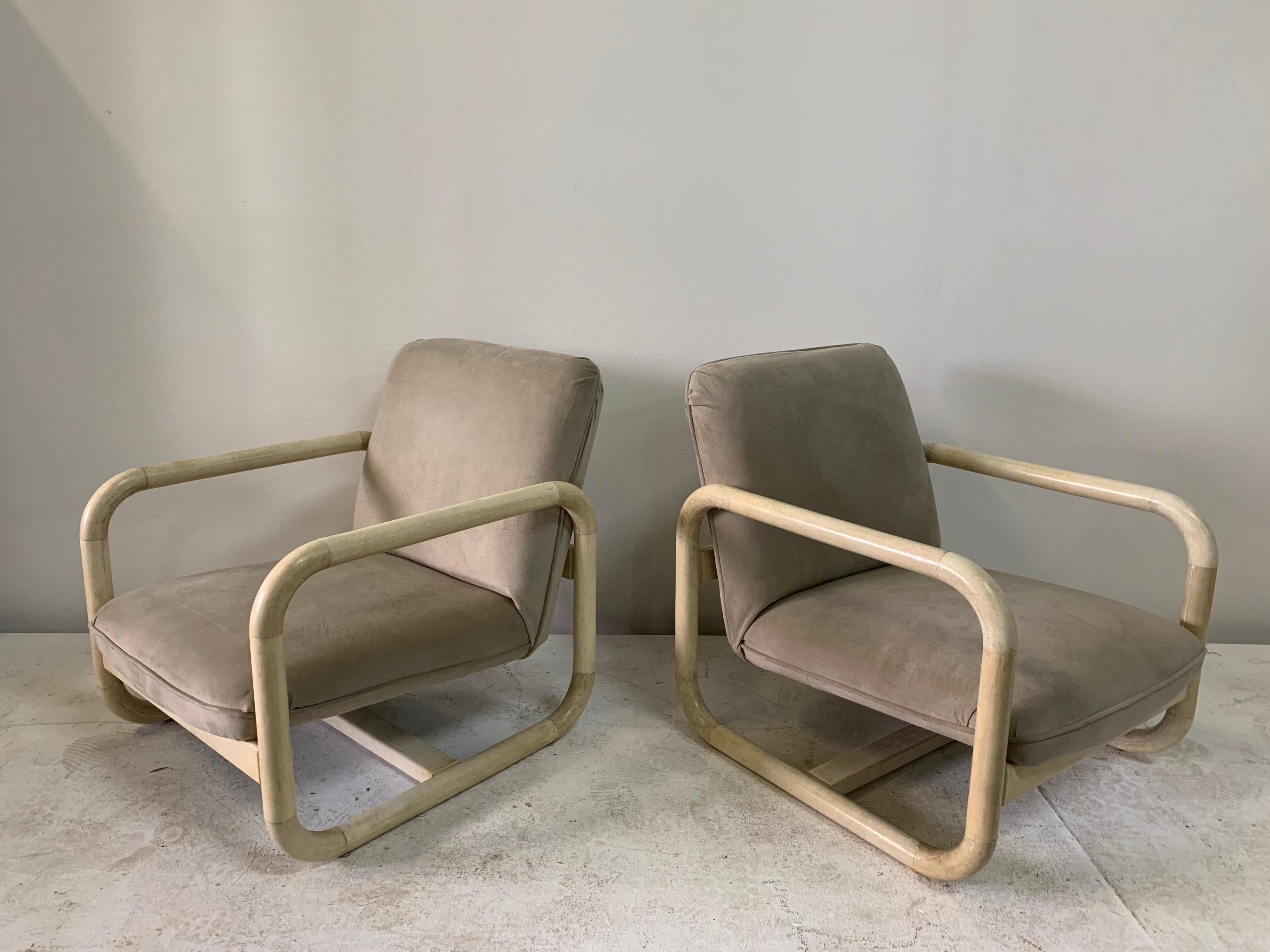 Parchment Clad Low Lounge Chairs, Pair 2