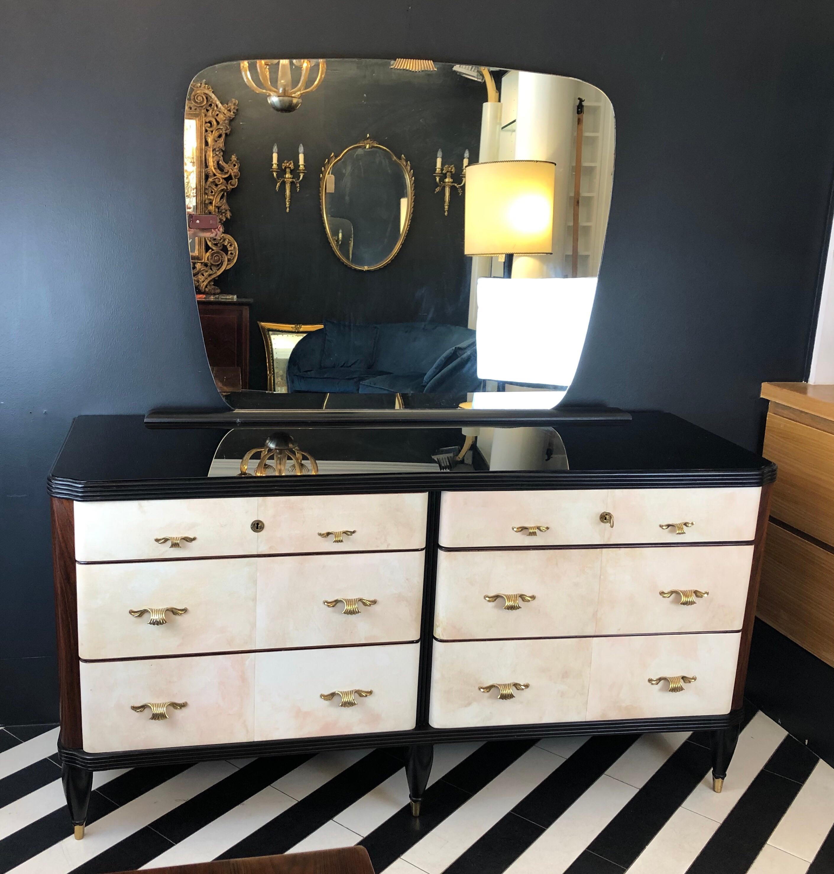 Mid-Century Modern Parchment Commode with 6 Drawers and a Black Glass Top with a Detachable Mirror 