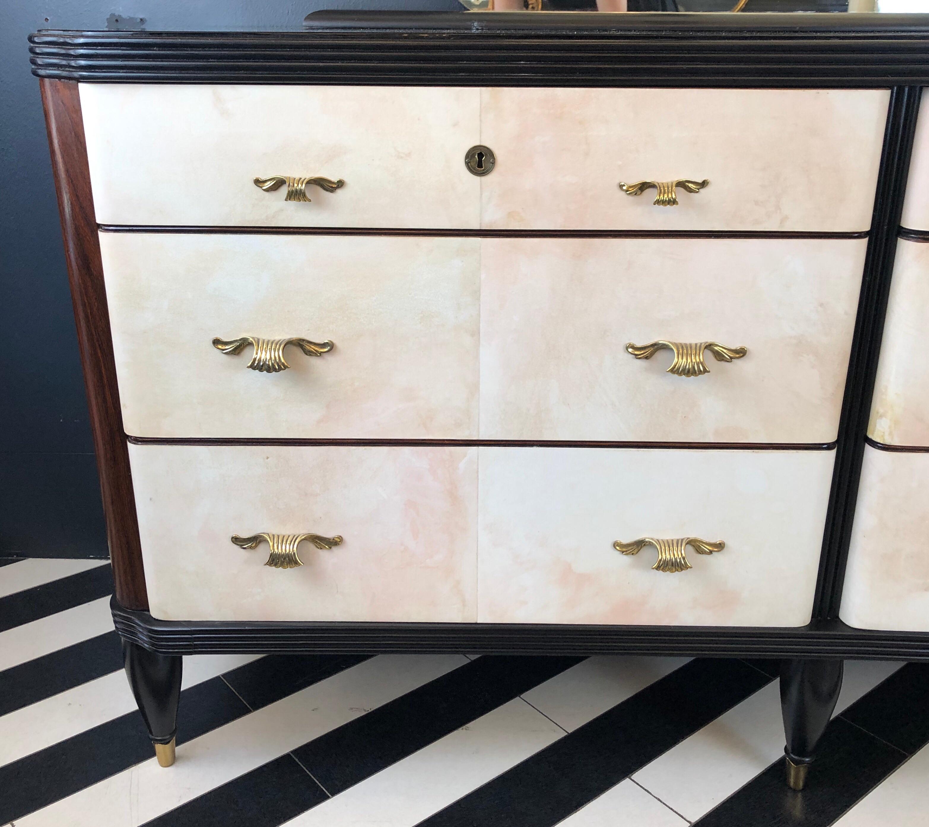 Italian Parchment Commode with 6 Drawers and a Black Glass Top with a Detachable Mirror 