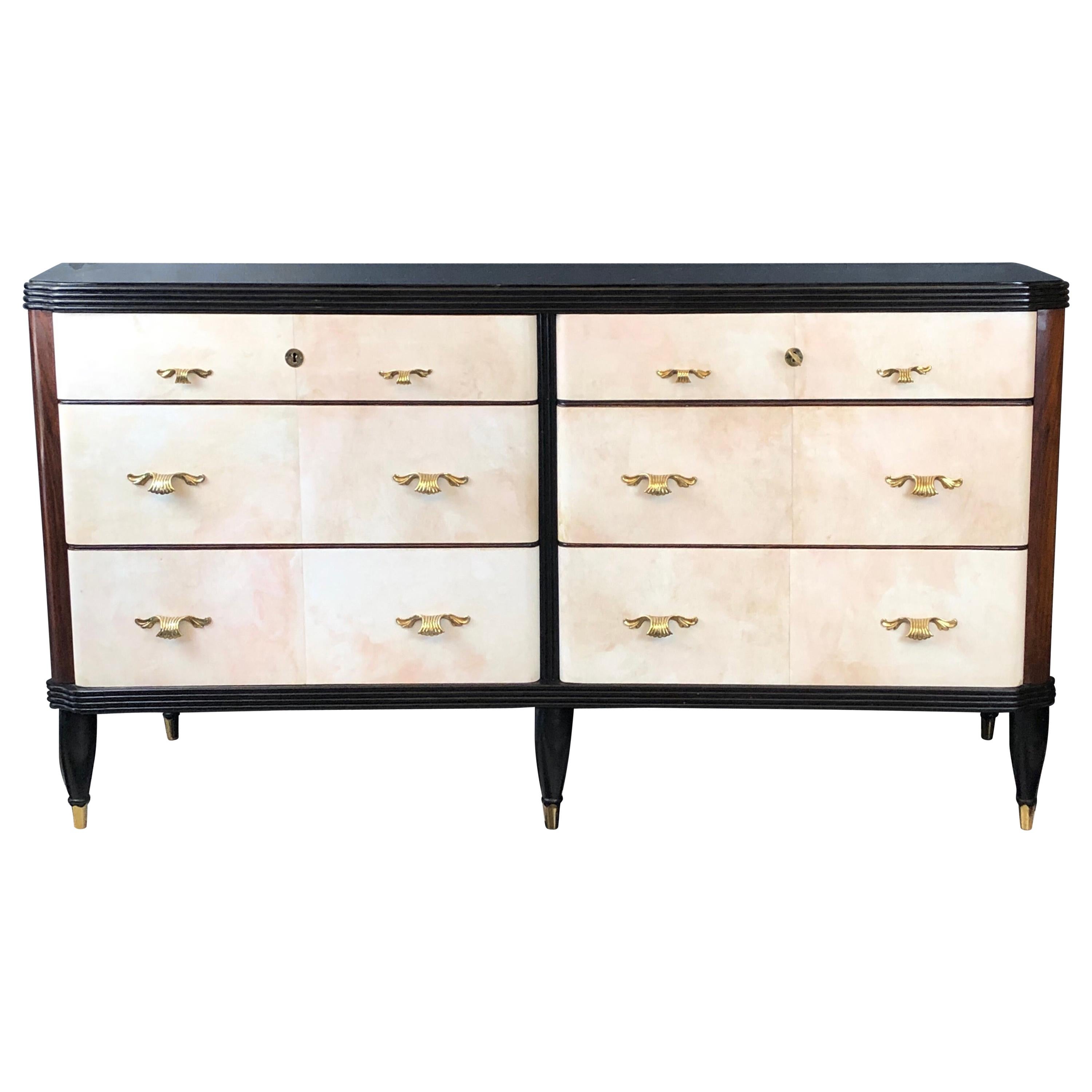 Parchment Commode with 6 Drawers and a Black Glass Top with a Detachable Mirror 
