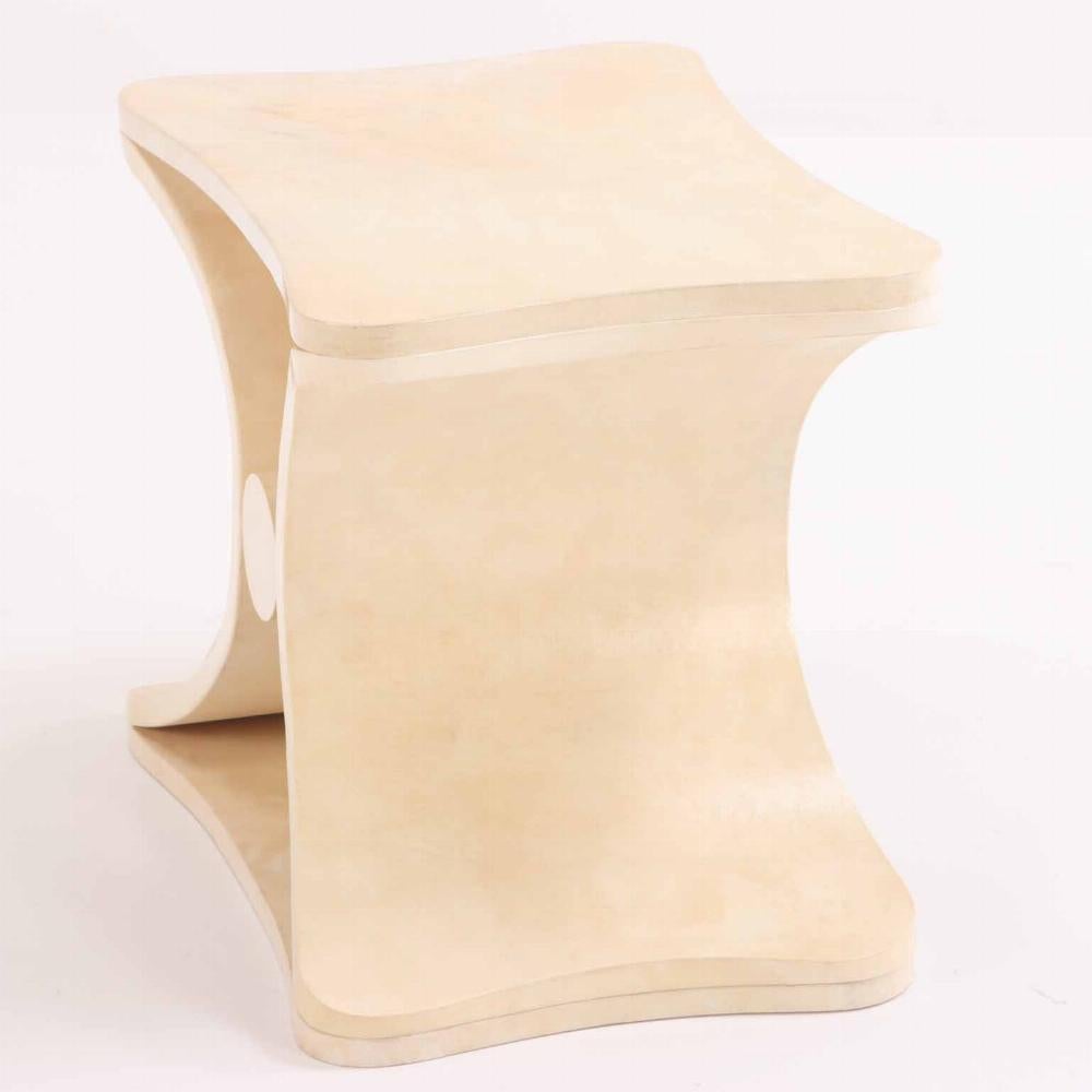 Parchment covered stool or end table in the manner of Jean-Michel Frank. In Good Condition In Philadelphia, PA