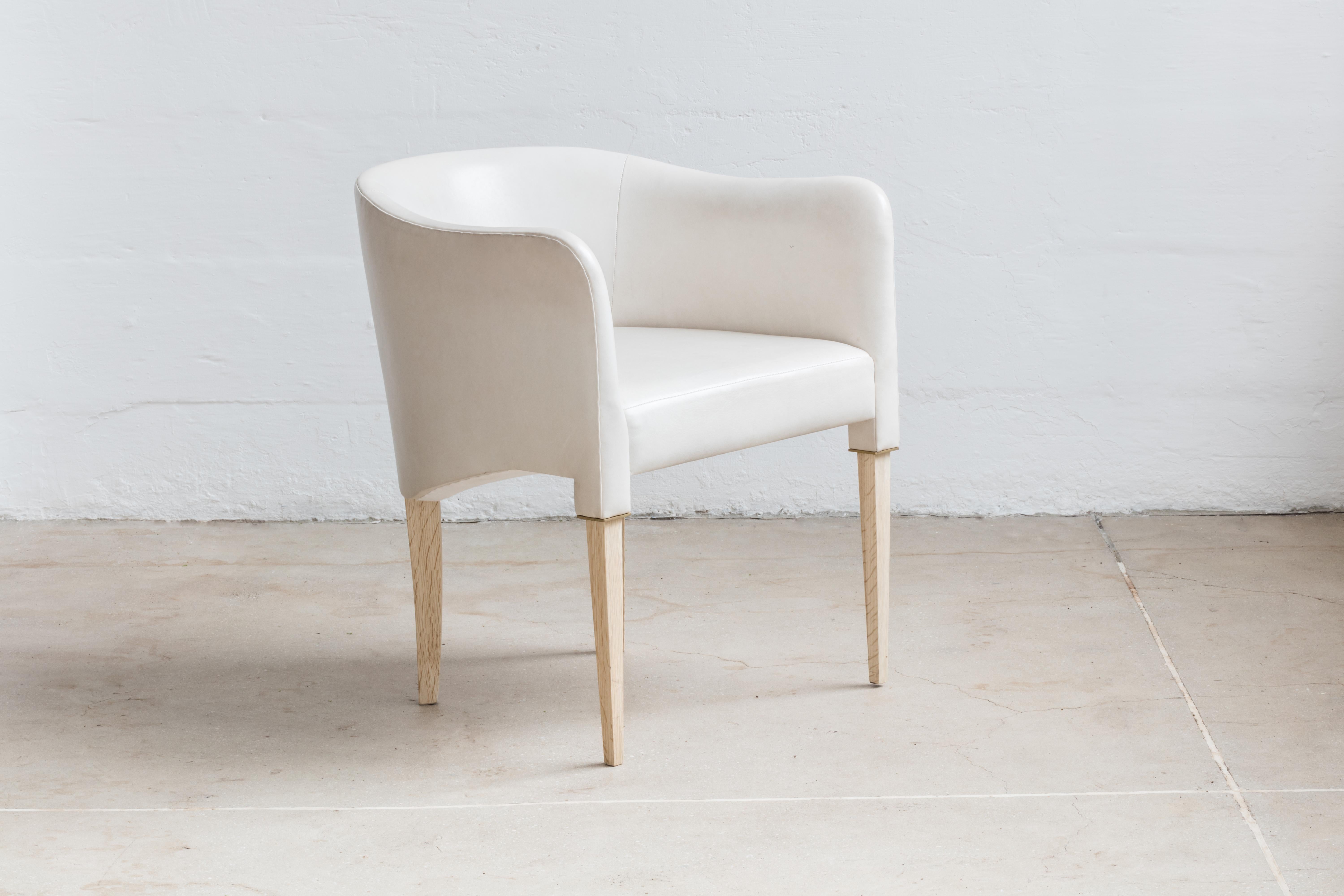 Contemporary Parchment Dining Chair by Billy Cotton in Bleached Oak, Brass and White Leather For Sale
