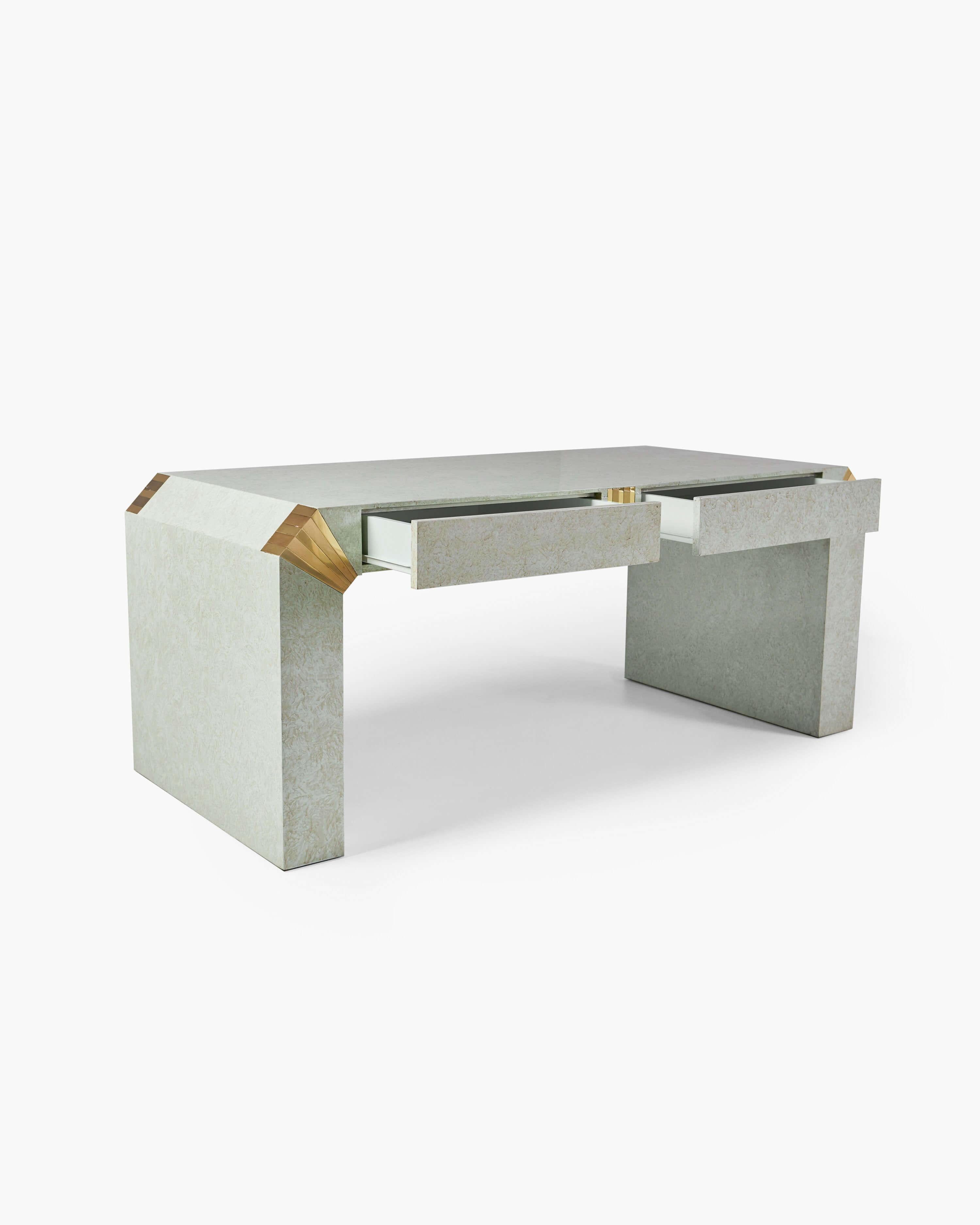 Fin du 20e siècle Parchment Faceted Desk with Brass Details, 1970s en vente