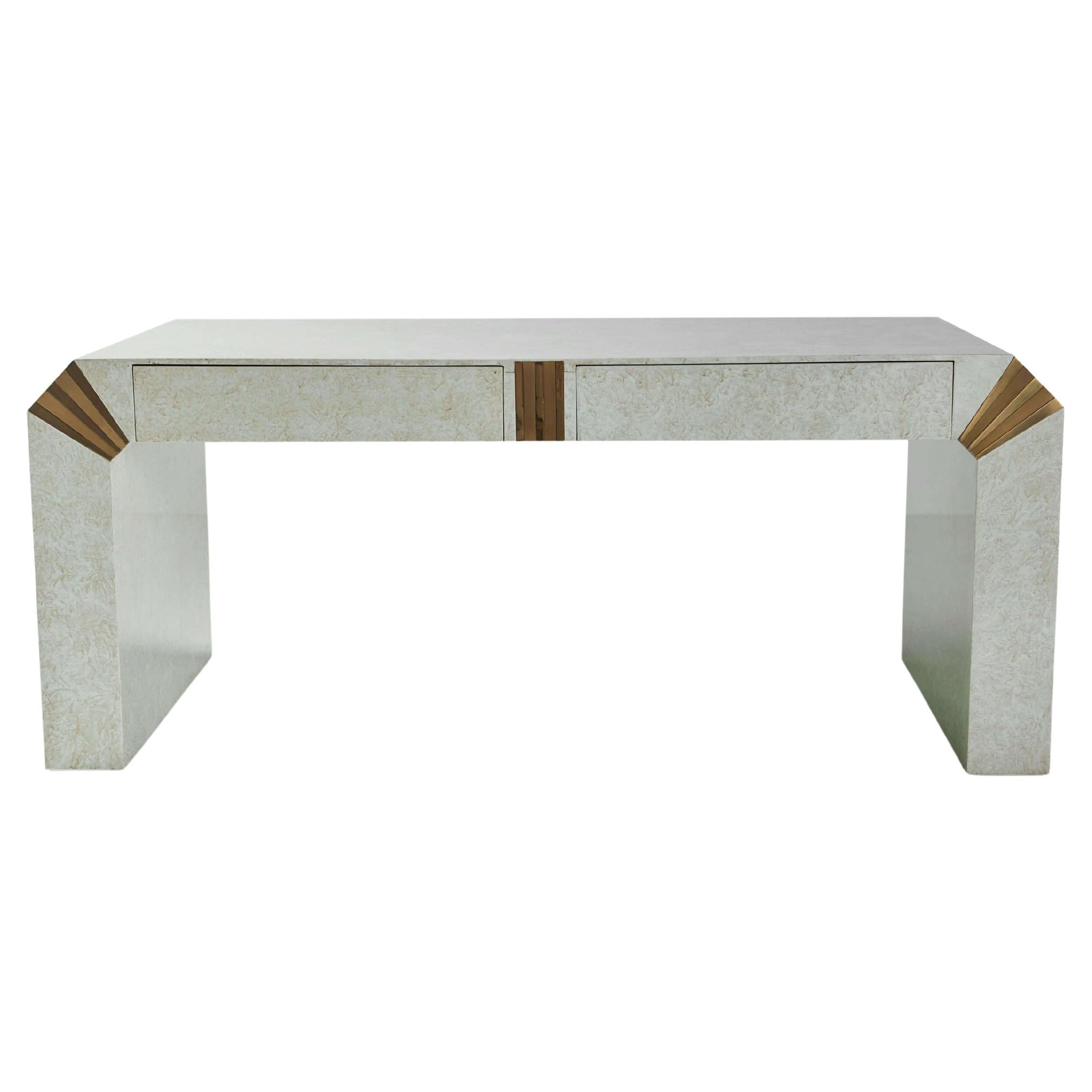 Parchment Faceted Desk with Brass Details, 1970s For Sale