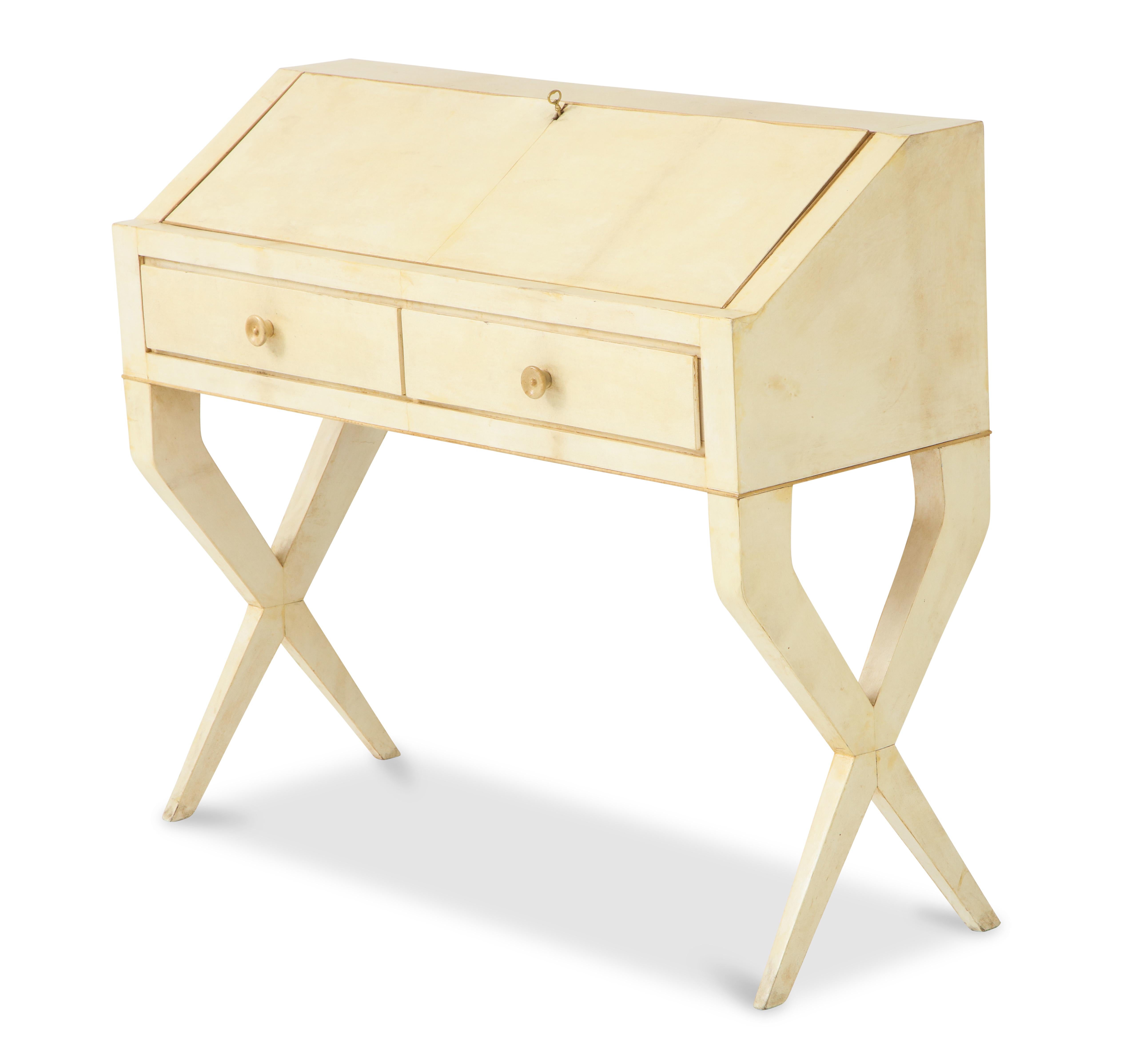 The fall front opening to reveal a fitted interior all over 2 drawers, the whole supported on stylized 