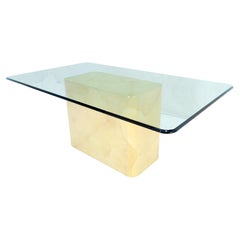 Parchment Goat Skin Leather Single Base 3/4" Glass Top Rectangle Dining Table