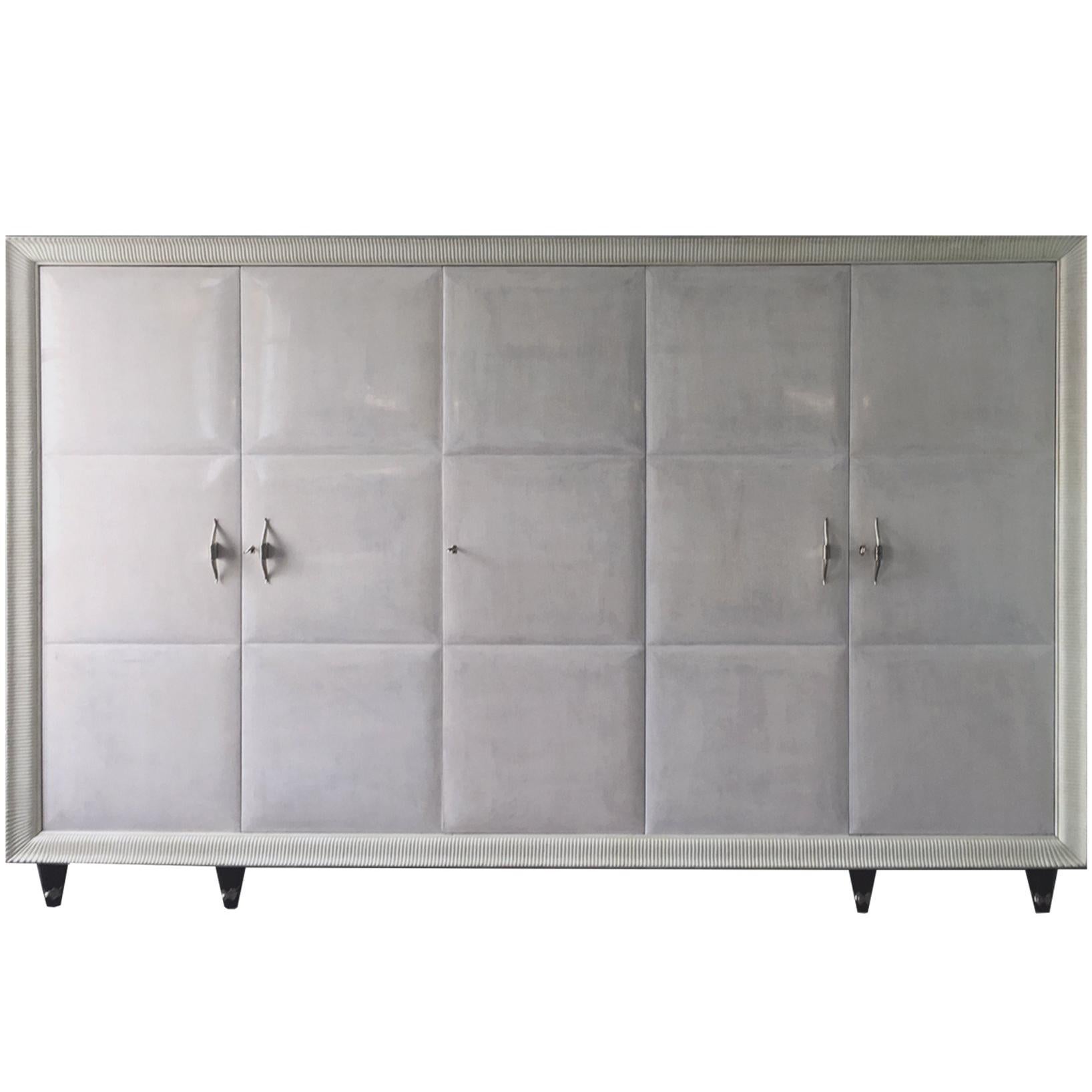 Parchment, Lacquer, Rosewood and Brass Details Italian Five Doors Wardrobe, 1930 For Sale