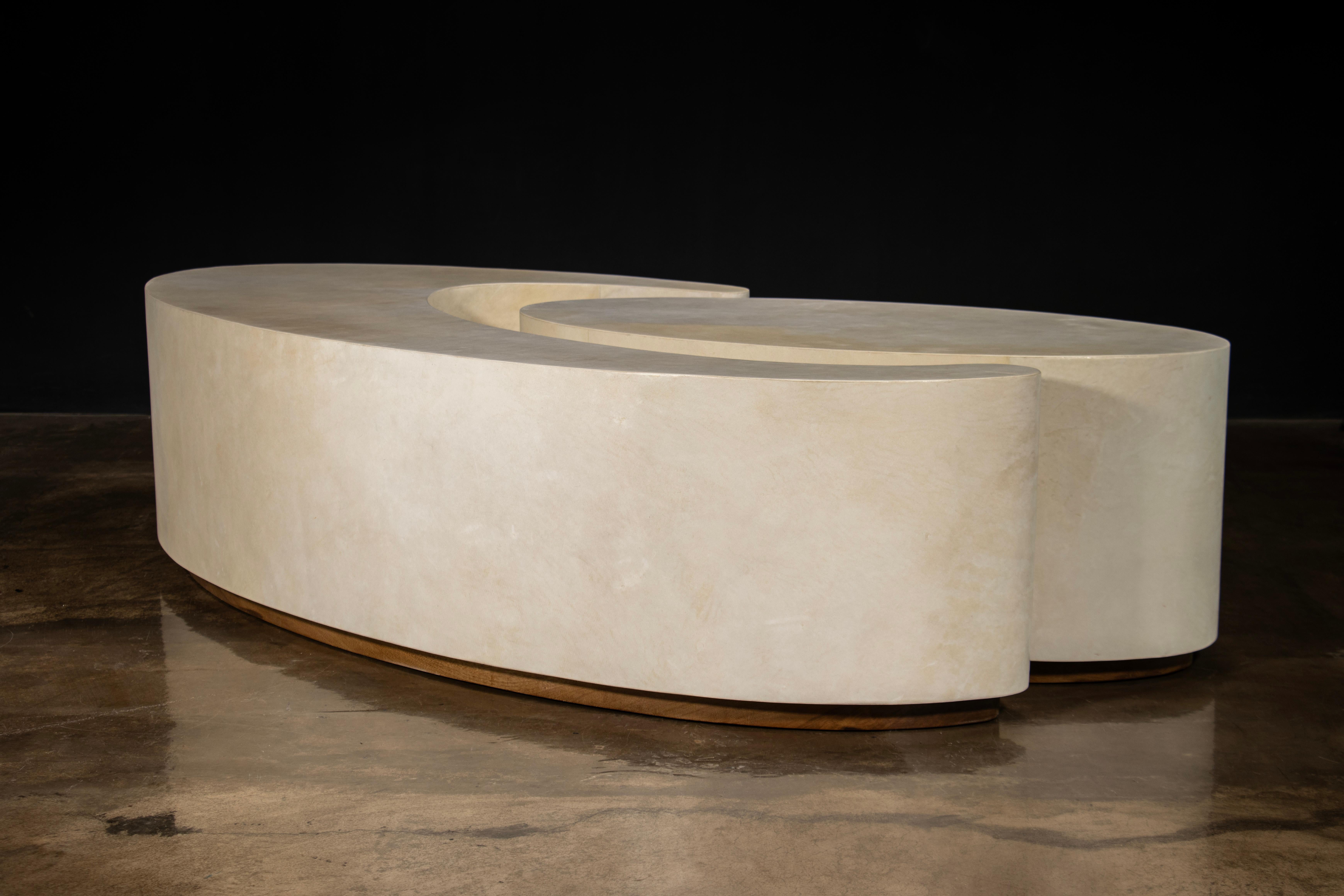 Woodwork Parchment Modern Sculptural Nesting Coffee Tables x Costantini, Cadenza In Stock For Sale