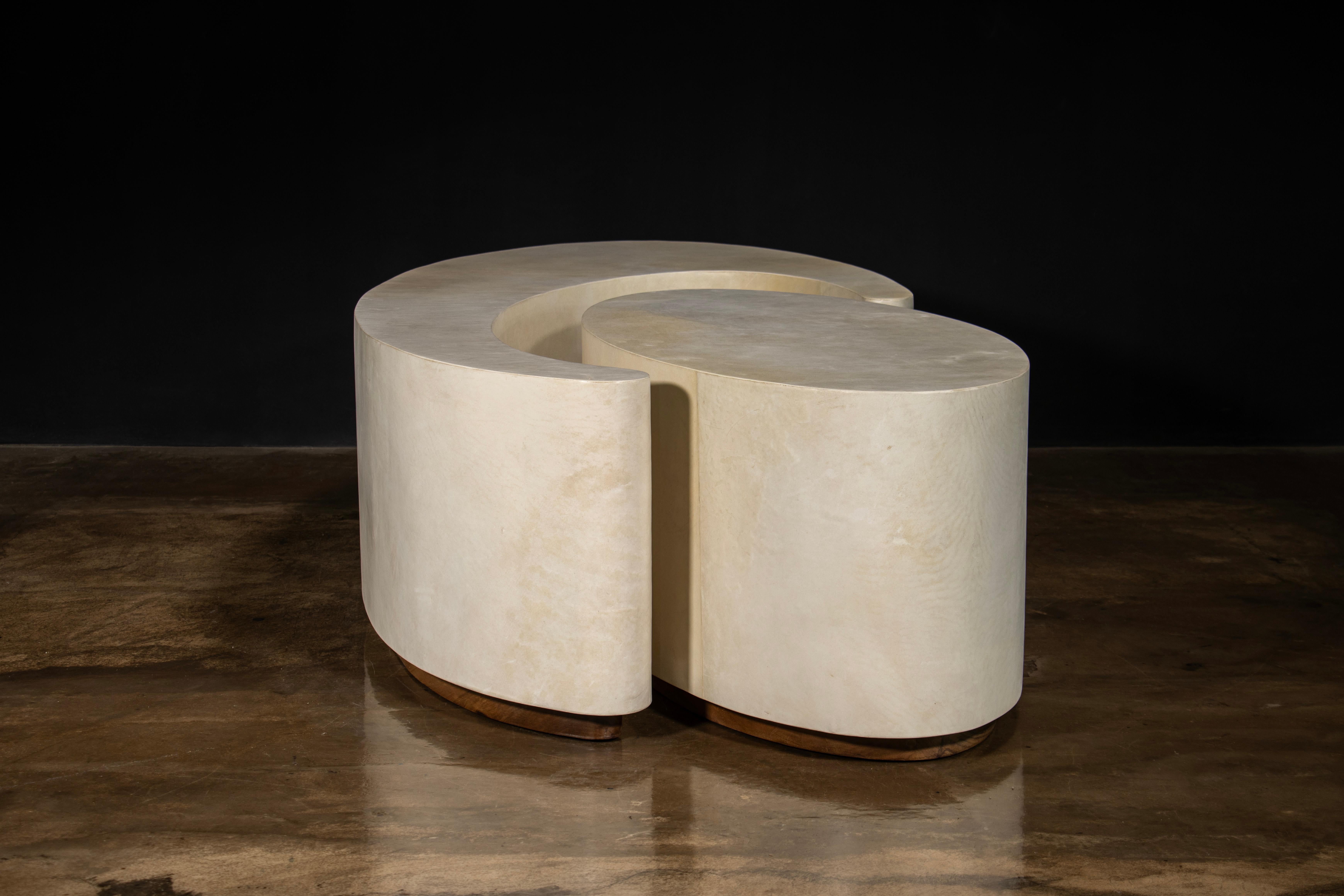 Goatskin Parchment Modern Sculptural Nesting Coffee Tables x Costantini, Cadenza In Stock For Sale
