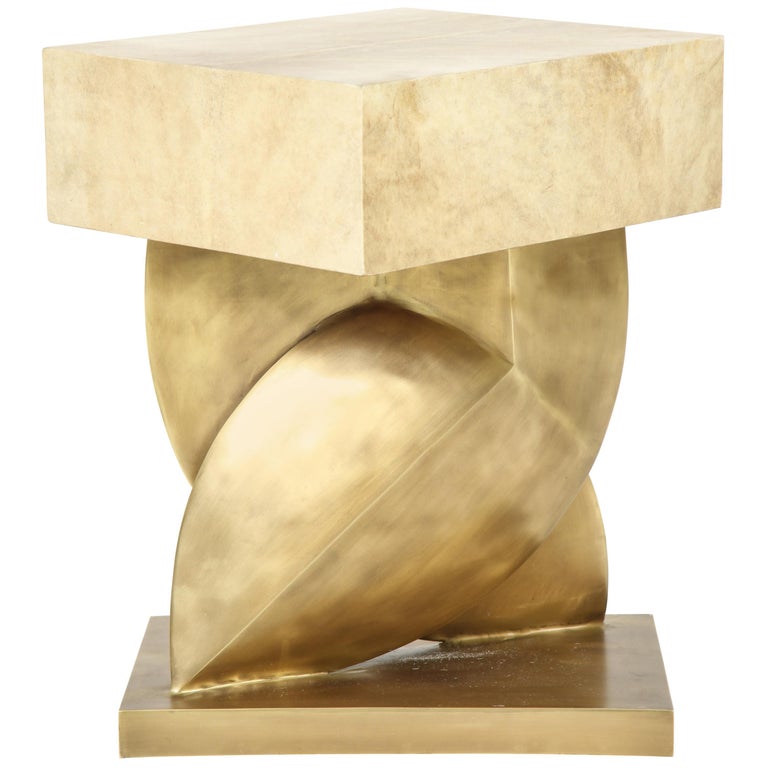 Parchment Table with Bronze Base, Cream For Sale at 1stdibs