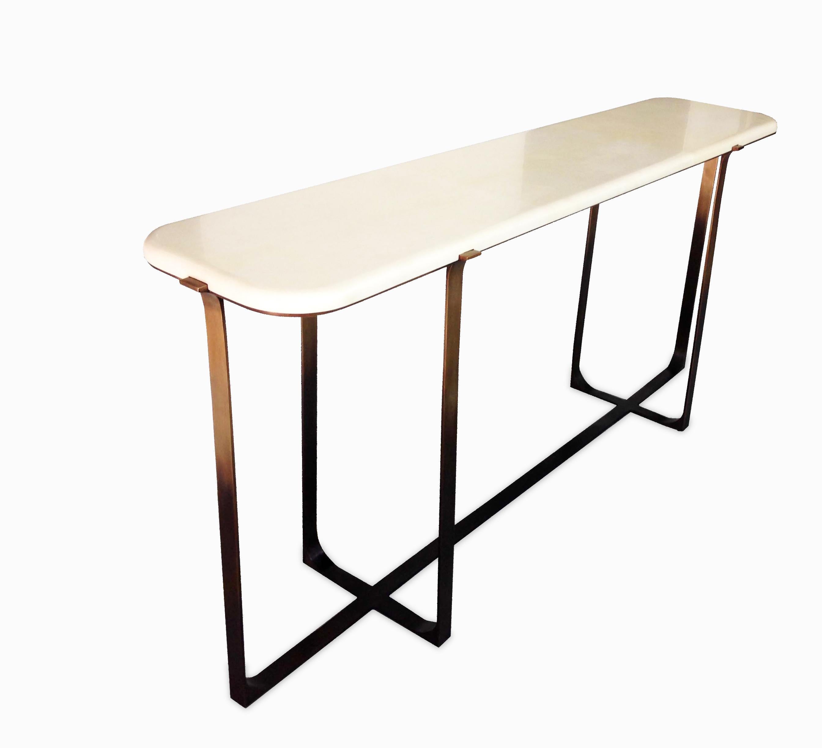 Modern Parchment Top Console Table with Bronze Ombre Finish Base by Elan Atelier For Sale