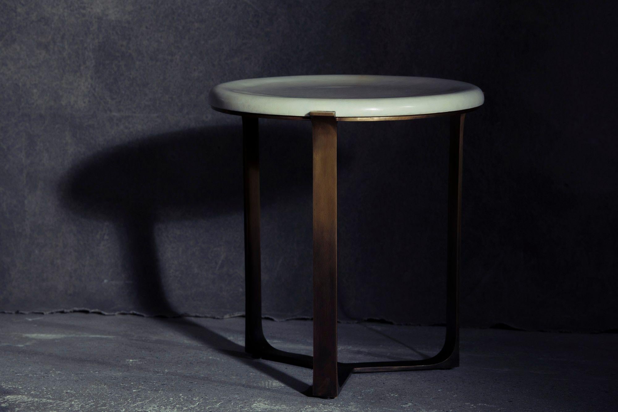 Modern Arch Round Side Table in Flaxen Bronze and Chablis Parchment by Elan Atelier For Sale