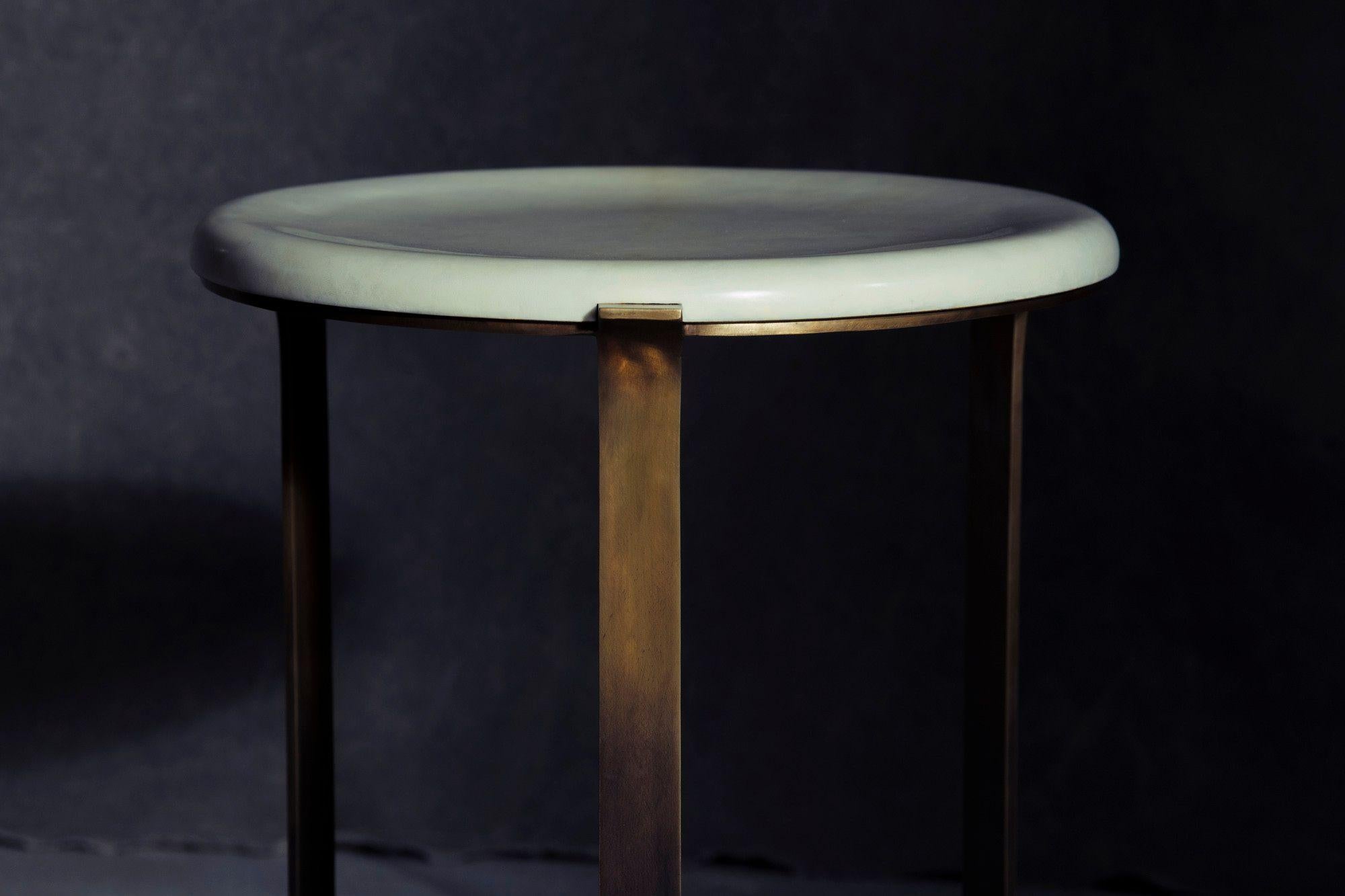 Contemporary Arch Round Side Table in Flaxen Bronze and Chablis Parchment by Elan Atelier For Sale