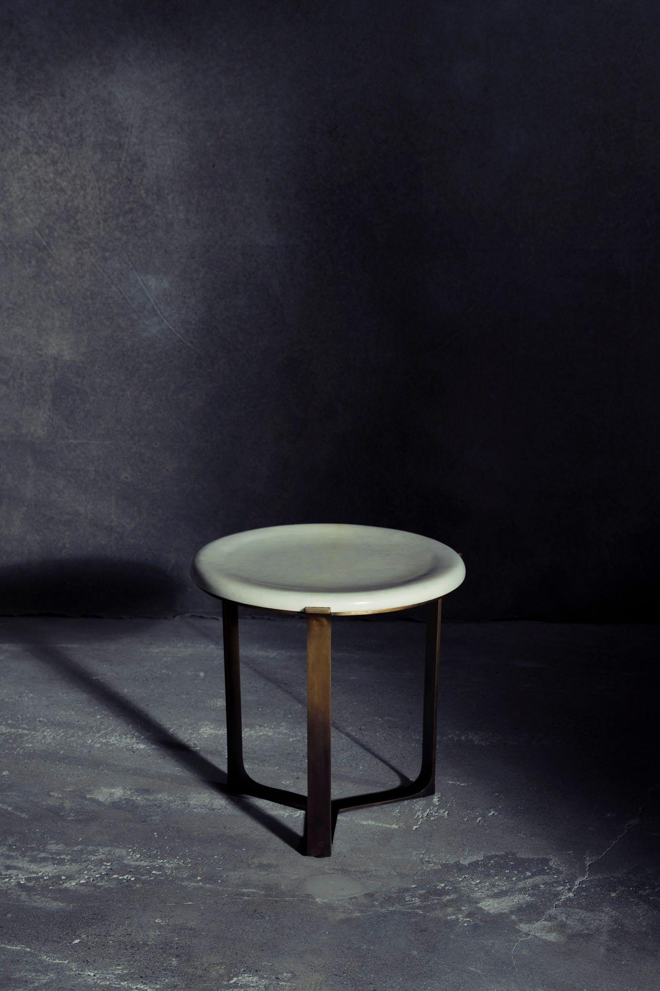 Arch Round Side Table in Flaxen Bronze and Chablis Parchment by Elan Atelier For Sale 1