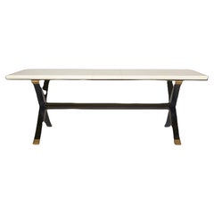 Parchment Topped Desk or Dining Table on Black Lacquered X-Formed Base
