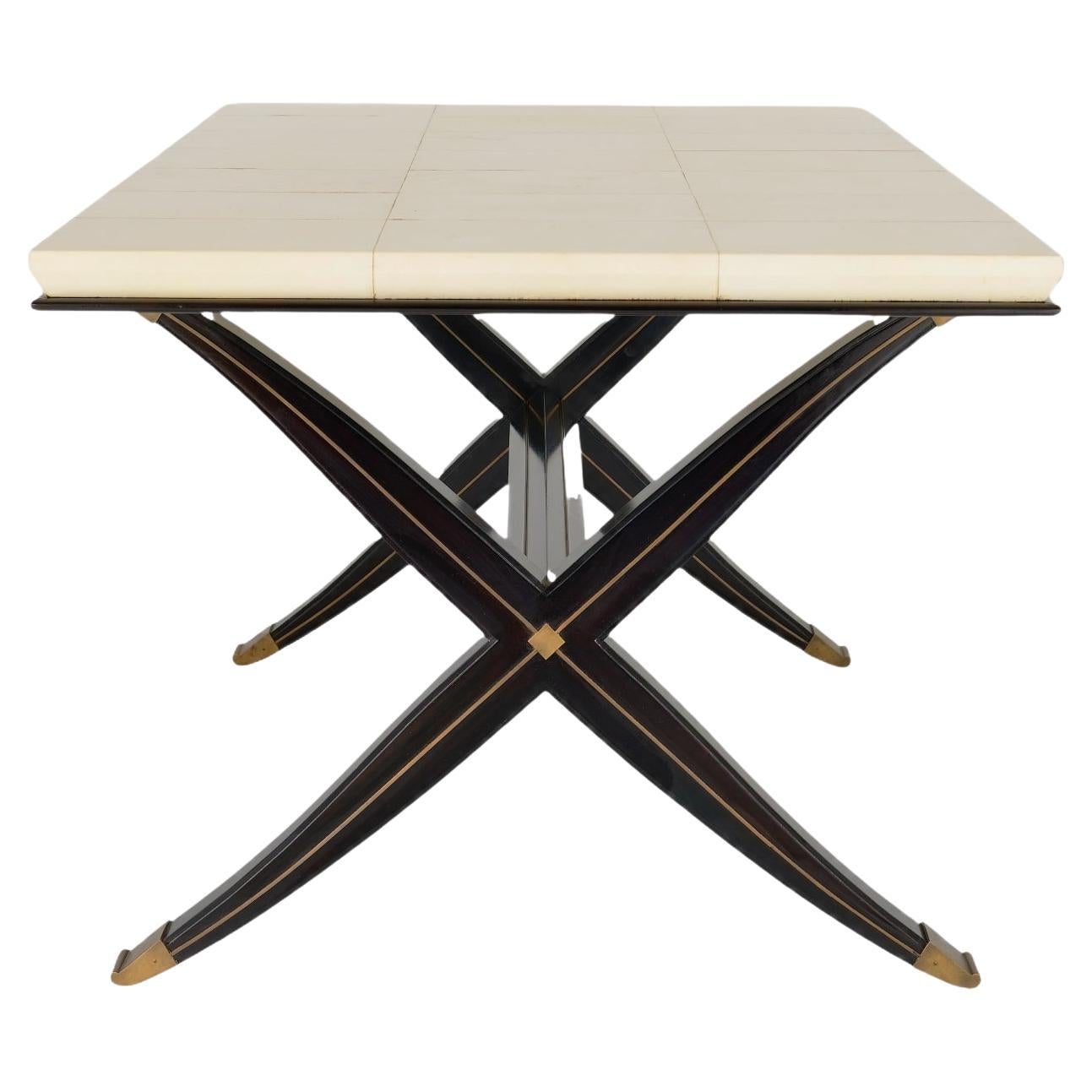 Parchment Topped Desk or Dining Table on Black Lacquered X-Formed Base For Sale