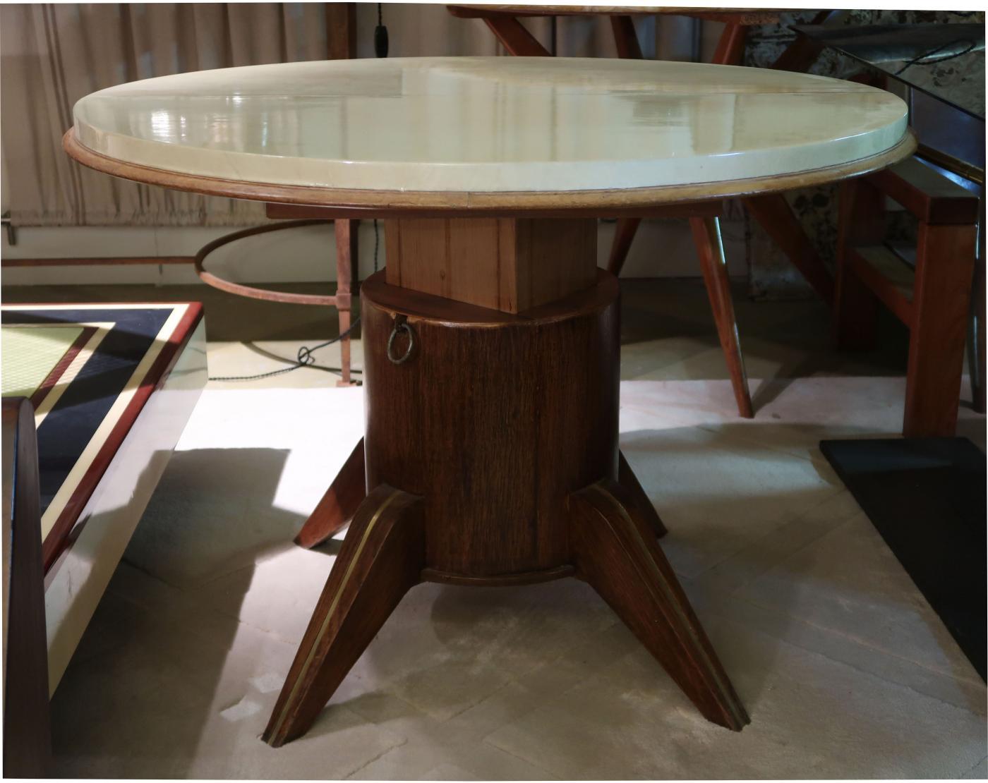Lacquered Parchment, Wood & Brass Extensible Midcentury Italian Table Attributed to Adnet