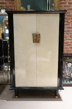 Parchment, Wood, Glass and Brass Handle Door Midcentury French Cabinet, 1950