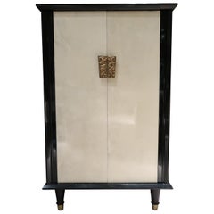 Vintage Parchment, Wood, Glass and Brass Handle Door Midcentury French Cabinet, 1950