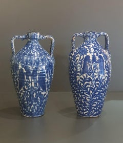 Pareja de Ánforas ce cerámica de Fajalauza - Granada , vidriada , S.XIX .