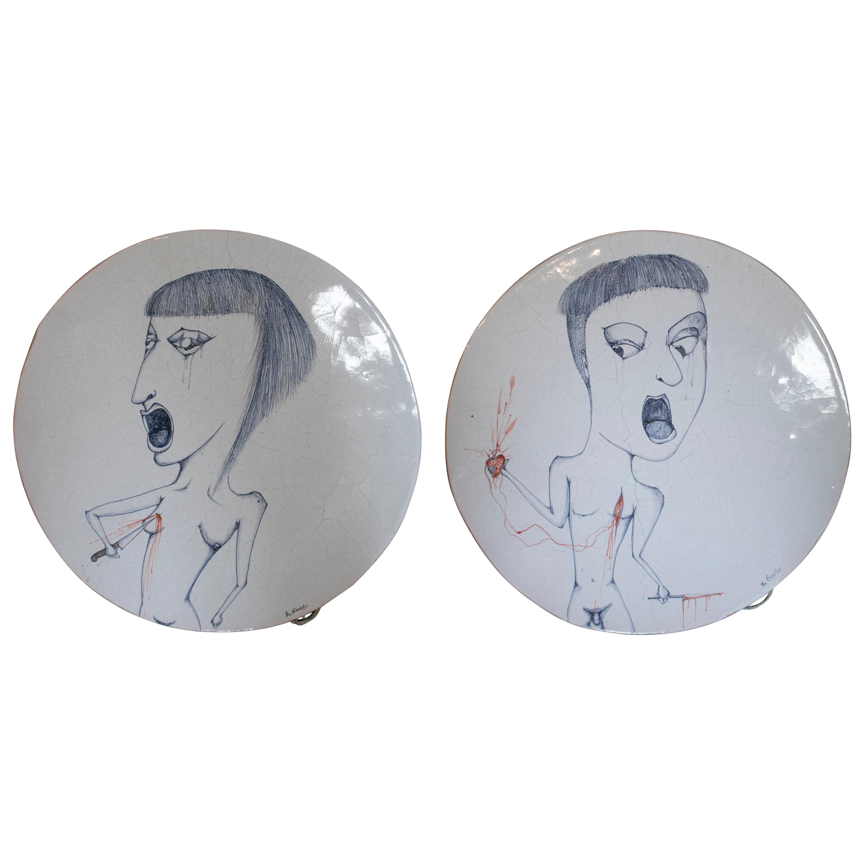 Pareja de ceramicas redondas pintadas a mano de hombre y mujer, Firmadas exvotos