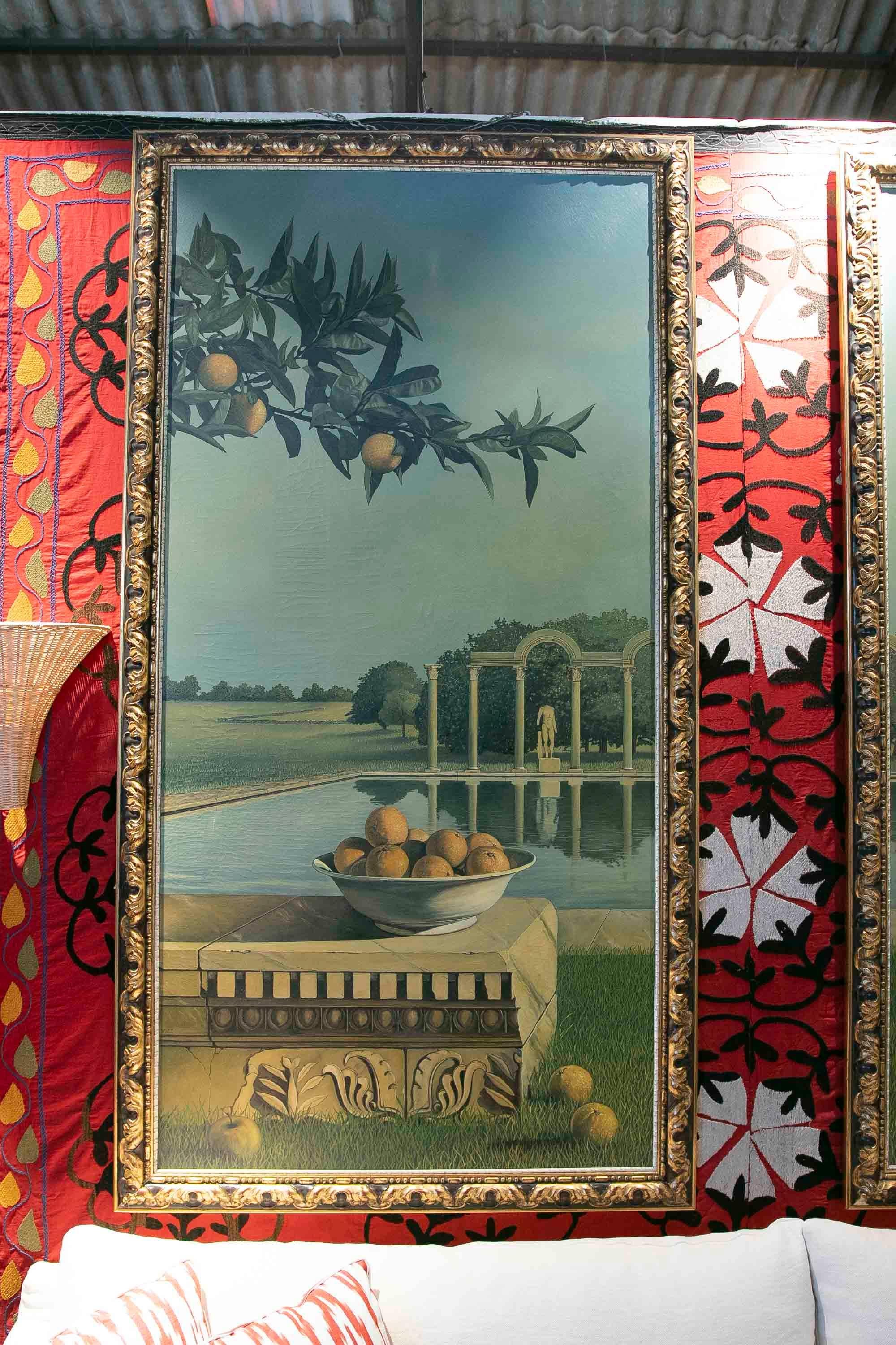 Pareja de cuadros decorativos pintados en lienzo de escena de villa griega. Firmados A. Yaniz