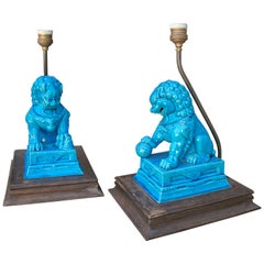 Vintage Pareja de leones de Fo de loza azul turquesa montados como bases de lamparas