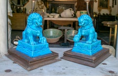 Pareja de leones de Fo de loza azul turquesa montados como bases de lamparas