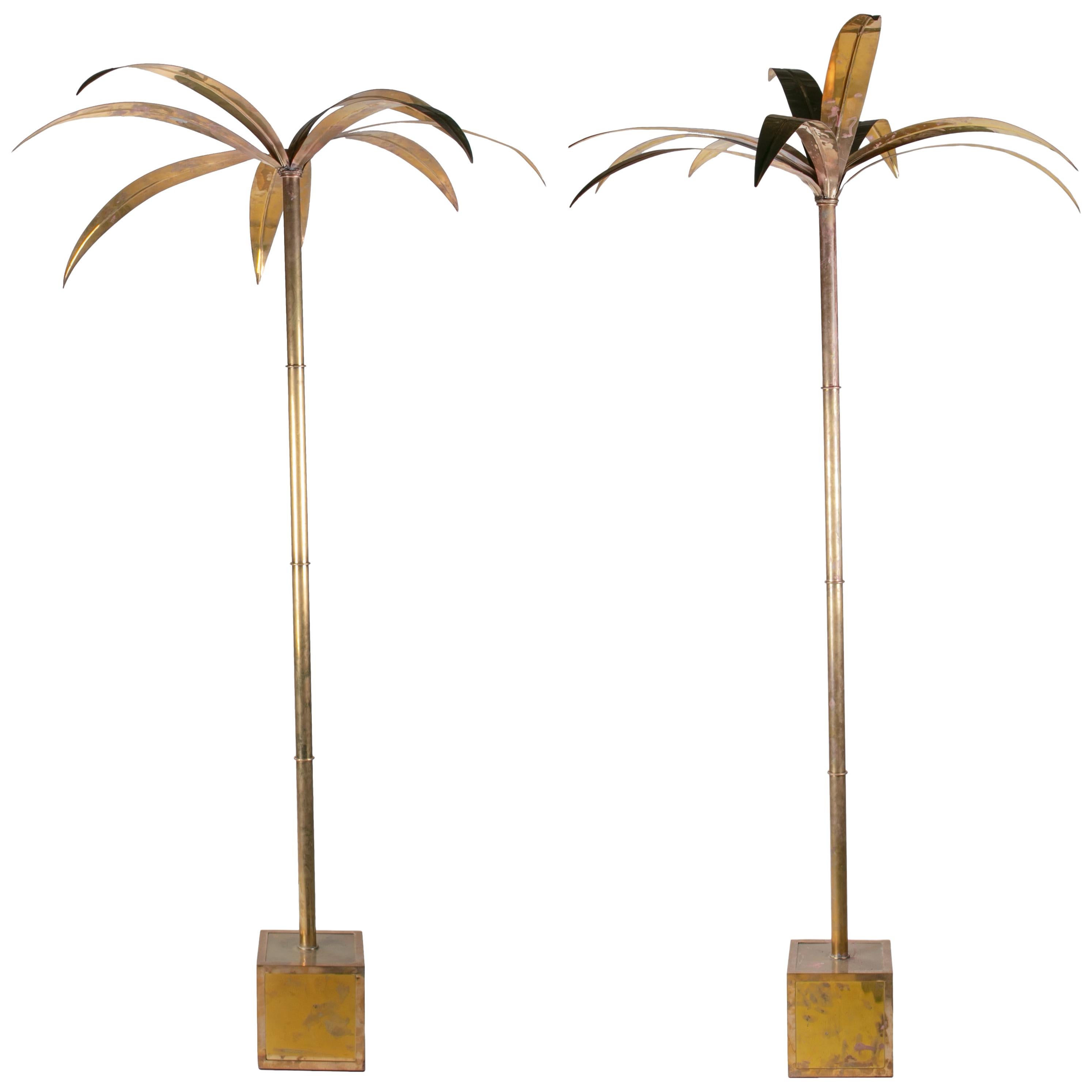Pair of bronze golden french palm trees in a square base.