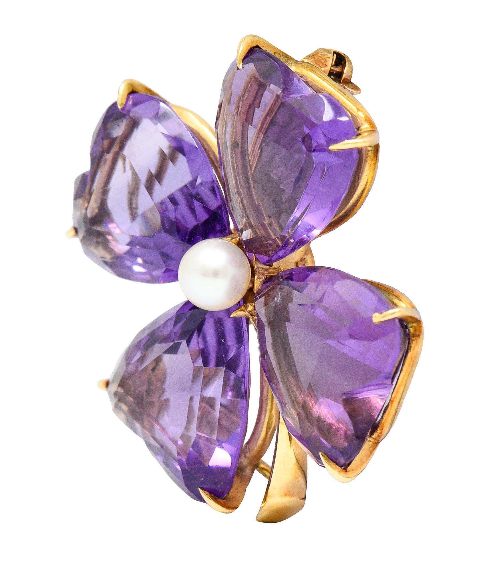 Designed as a four leaf clover with heart shaped cabochons of amethyst

Amethyst are claw set and very well matched violet purple; measuring 14mm x 14mm

A 5mm pearl accent is centered having rosè overtones; good in luster

Completed with a pin