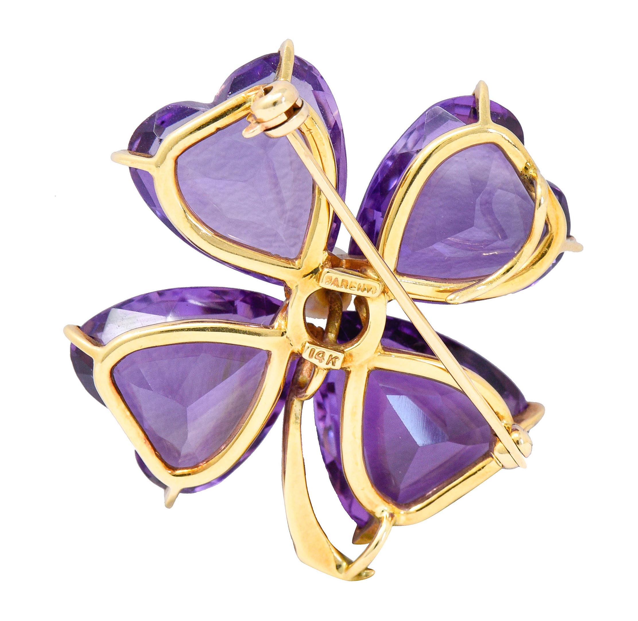 Parenti Retro 14 Karat Gold Amethyst Pearl Four Leaf Clover Heart Brooch Pendant In Excellent Condition In Philadelphia, PA