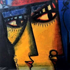 Couple, Oil, Acrylic, Mixed Media on Board, Blue, Yellow, Paresh Maity'In stock'