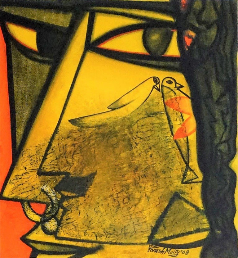 Paresh Maity Couple Oil Acrylic Mixed Media On Board Yellow