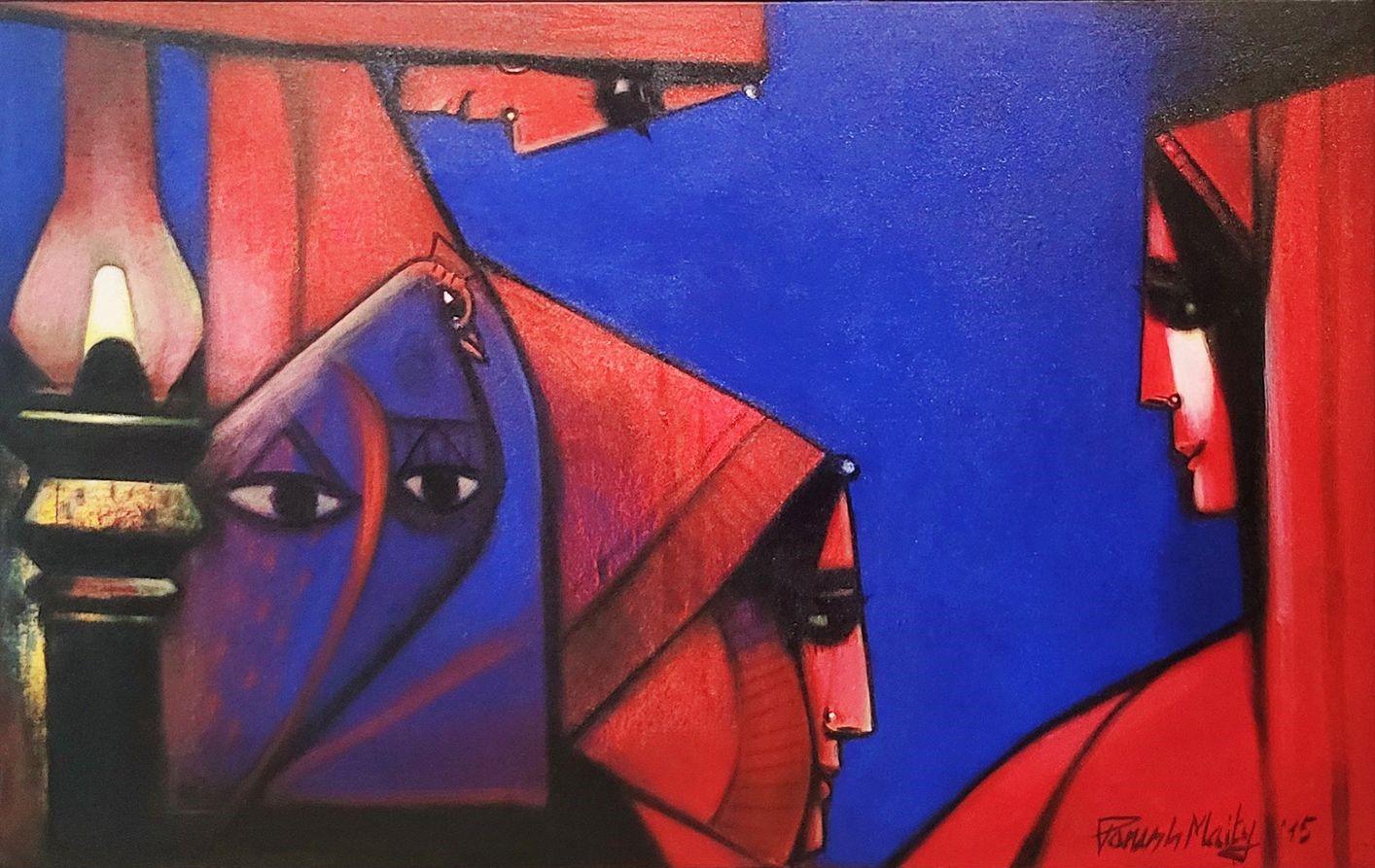 Eternal Triangle, Öl auf Leinwand von Ace Indian Artist Paresh Maity, „In Stock“, Öl im Angebot 1