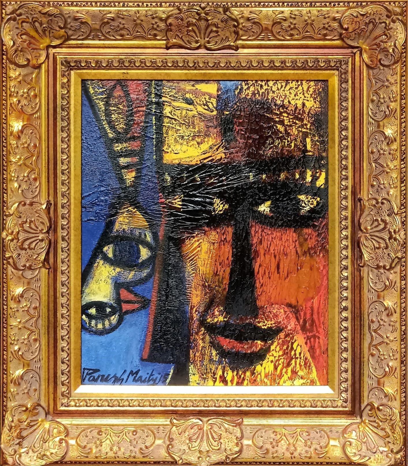 Paresh Maity Figurative Painting - Expression-l, Oi on Canvas, Black, Yellow, Red, Blue by Indian Artist"In Stock"