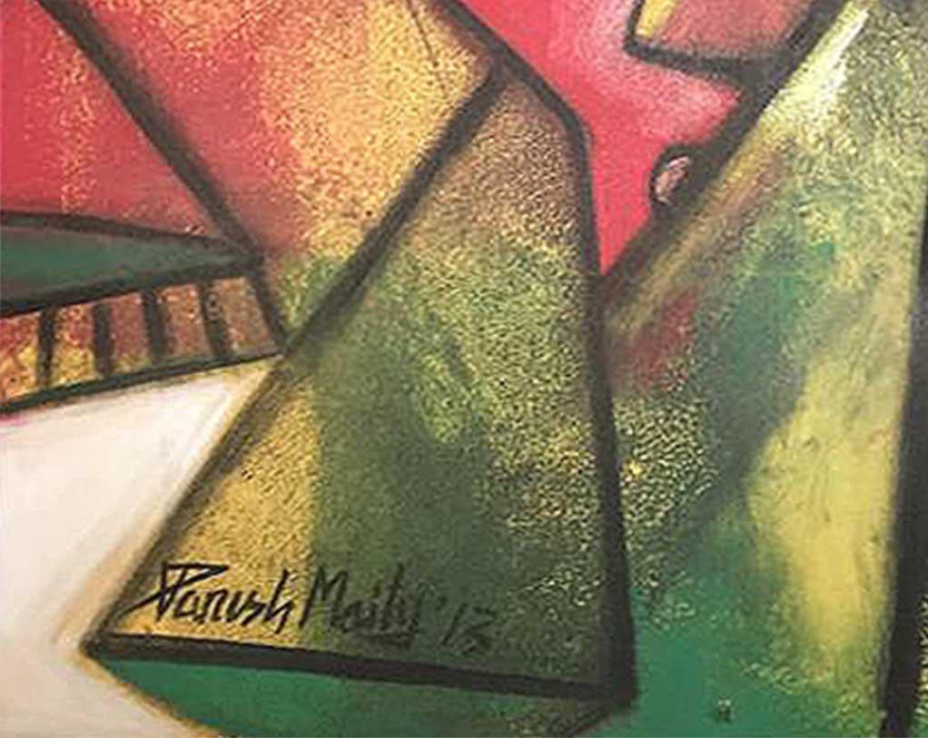 Couple, oil toile, rouge, jaune, vert de l'artiste indien Paresh Maity « en stock » 5