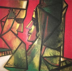 Couple, oil toile, rouge, jaune, vert de l'artiste indien Paresh Maity « en stock »
