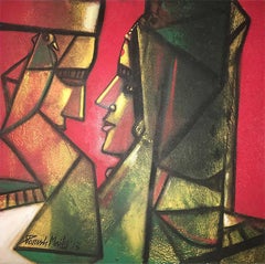 Couple, Oil Canvas, Red, Yellow, Green by Ace Indian Artist Paresh Maity"In Stock"