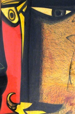 Gemälde in Mischtechnik, rot, gelb, braun, schwarz, von indischen Künstlern, auf Lager