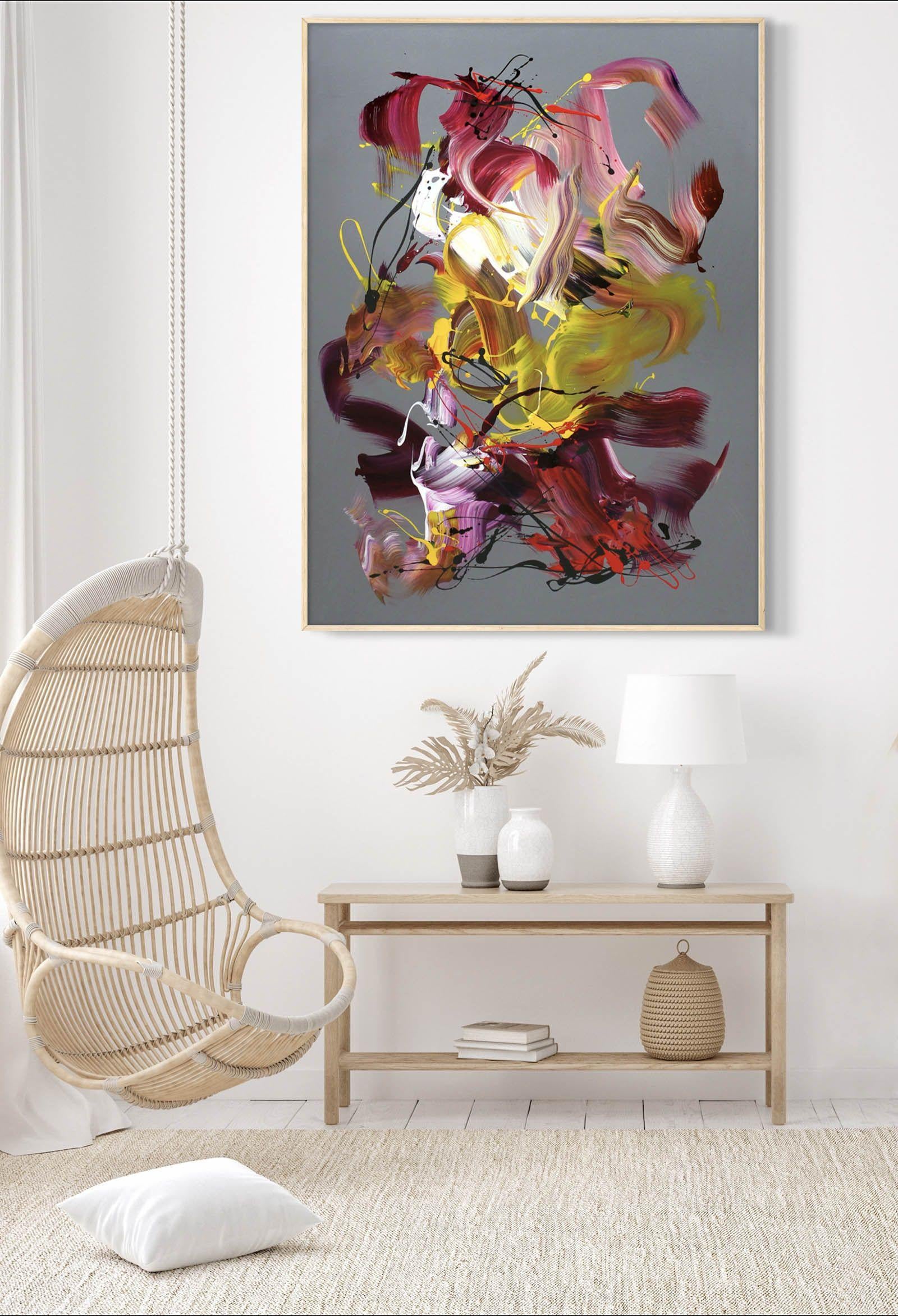 Peinture abstraite originale inspirée par l'interaction des couleurs, grande peinture explorant le changement de couleur sur un fond taupe propre : rouges vibrants et teintes dorées.  Le panting est prêt à être accroché, il est accompagné d'un