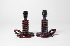 Pari of art deco 20th century brown ceramic table lamps circa 1940 design