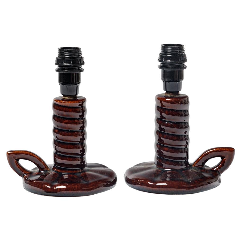 Pari of art deco 20th century brown ceramic table lamps circa 1940 design