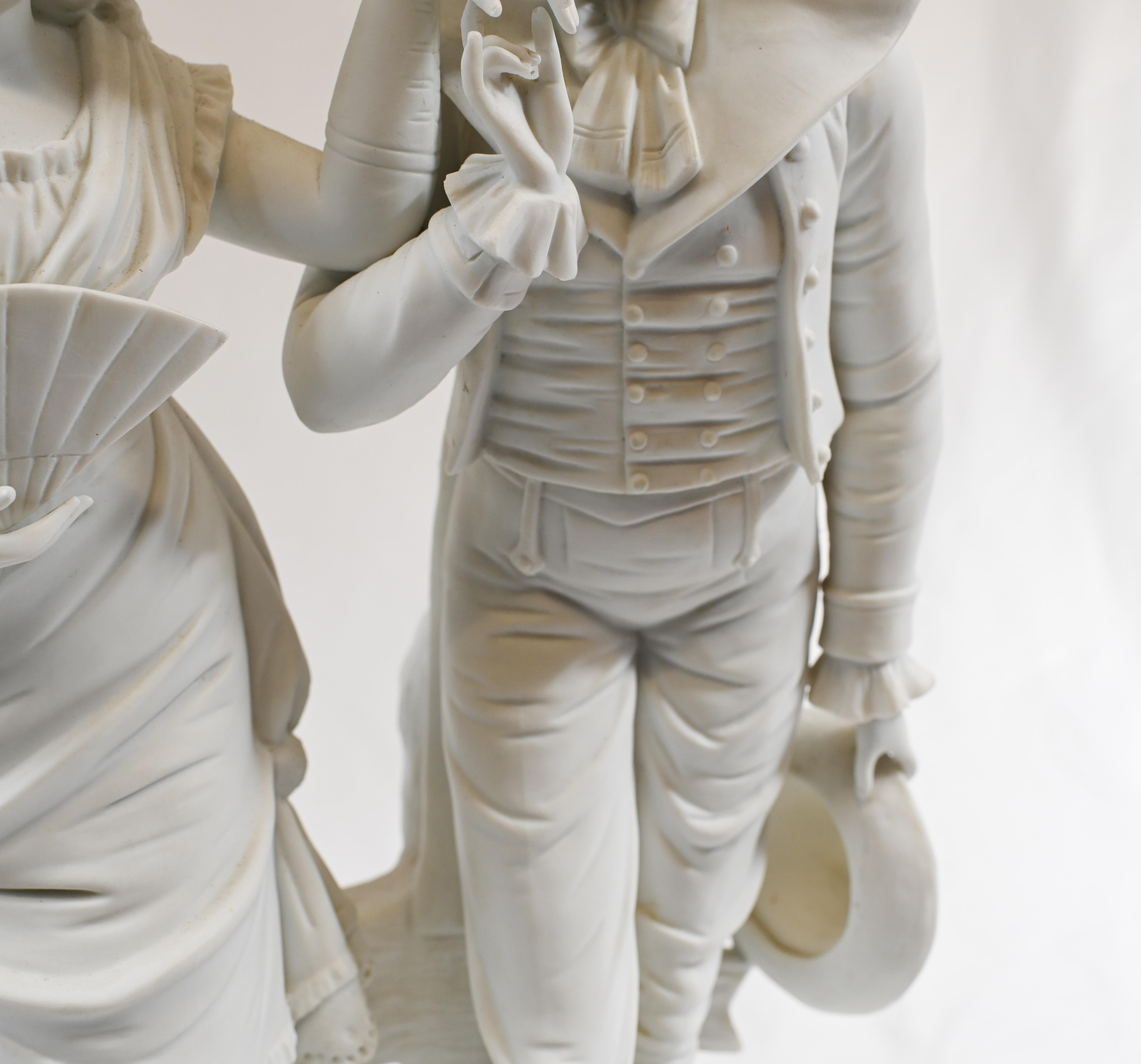 Early 19th Century Parian Biscuit Ware Statue Lovers French Parian Antique For Sale