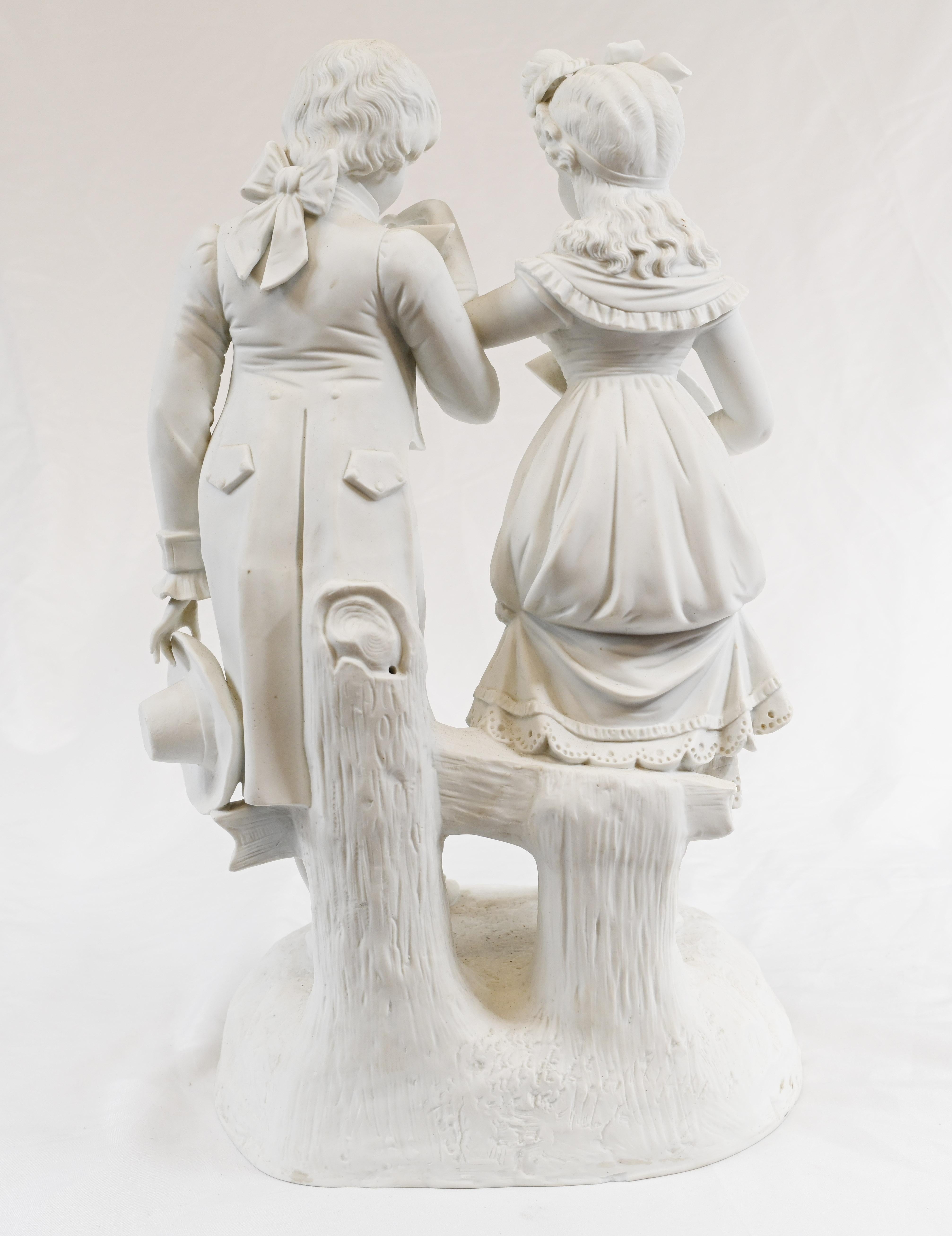 Parian Biscuit Ware Statue Lovers French Parian Antique For Sale 3
