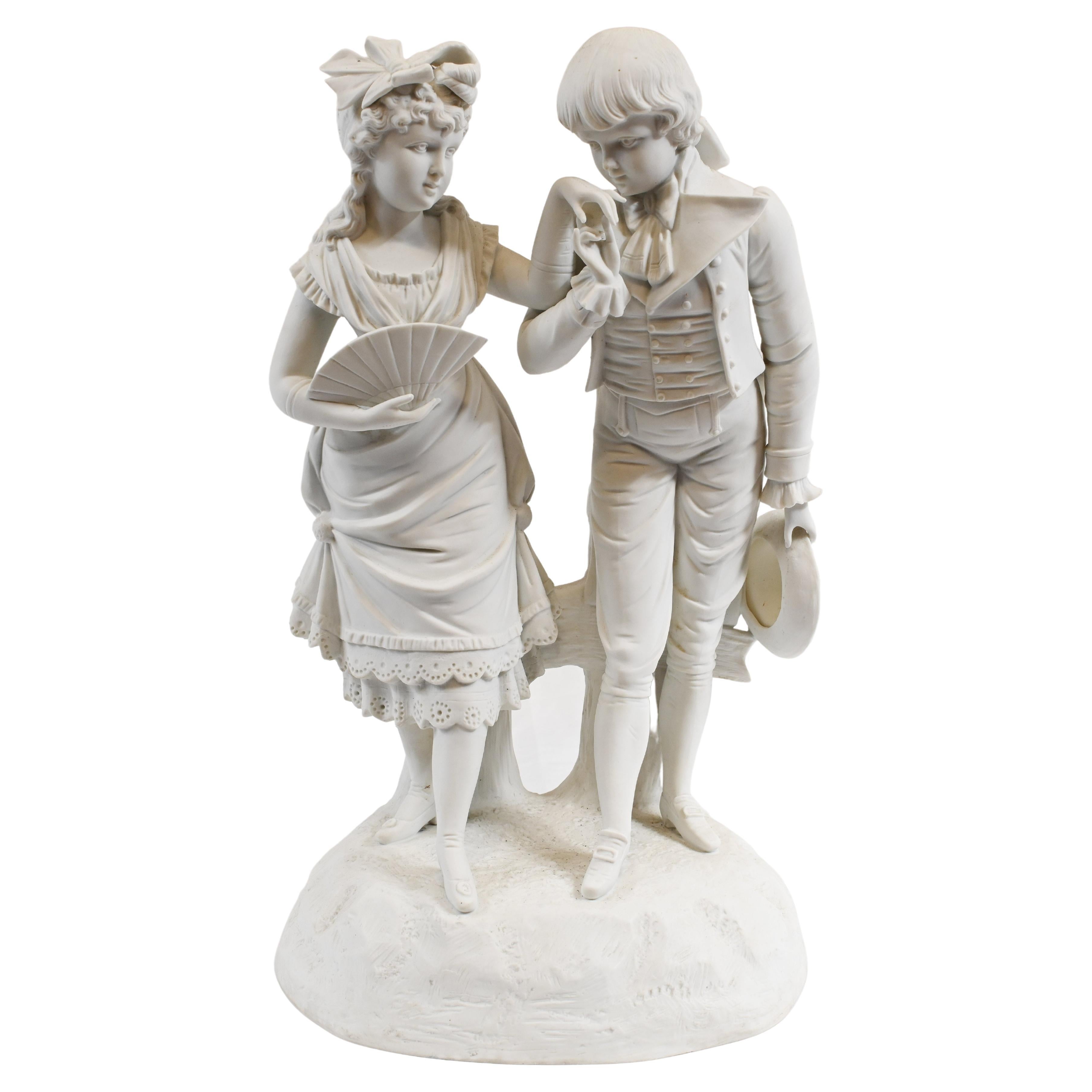 Parian Biscuit Ware Statue Lovers French Parian Antique For Sale